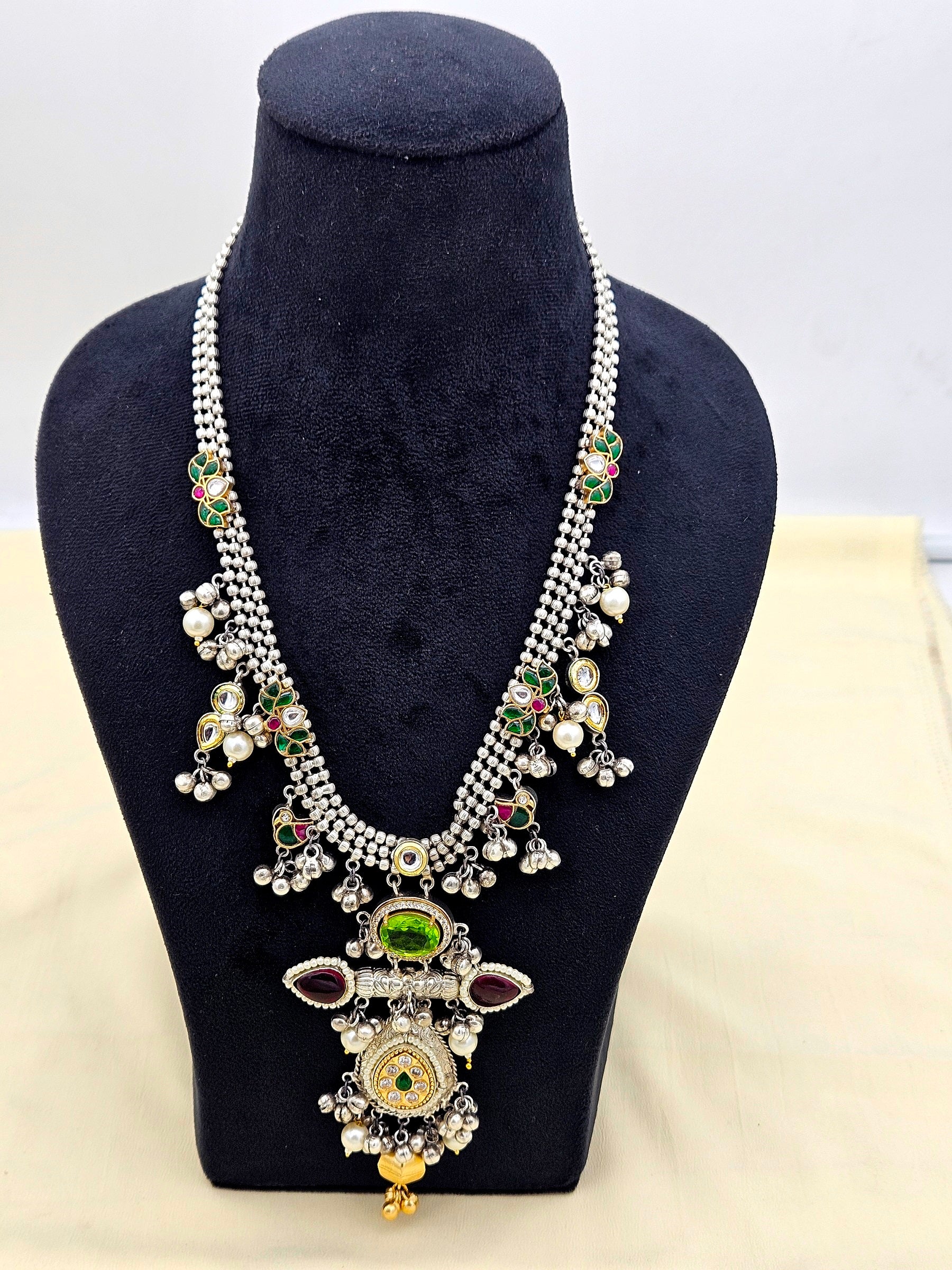 Attractive Silver Oxidized Faux Kundan Polky Pale Green & Red Glass Stone with Designer Motif-Pearl Long Statement Necklace