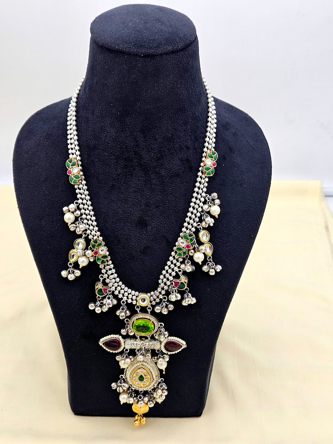 Attractive Silver Oxidized Faux Kundan Polky Pale Green & Red Glass Stone with Designer Motif-Pearl Long Statement Necklace