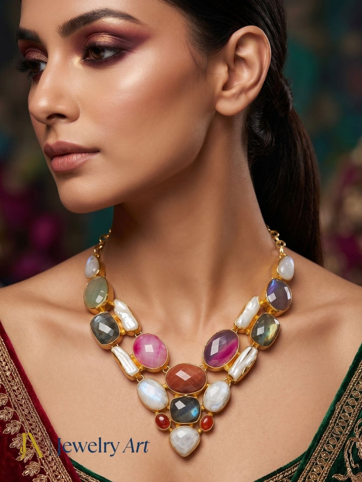 Beautiful women’s statement necklace with colorful gemstones and elegant design
