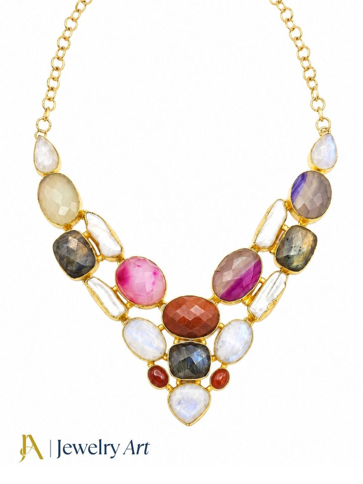 Beautiful women’s statement necklace with colorful gemstones and elegant design
