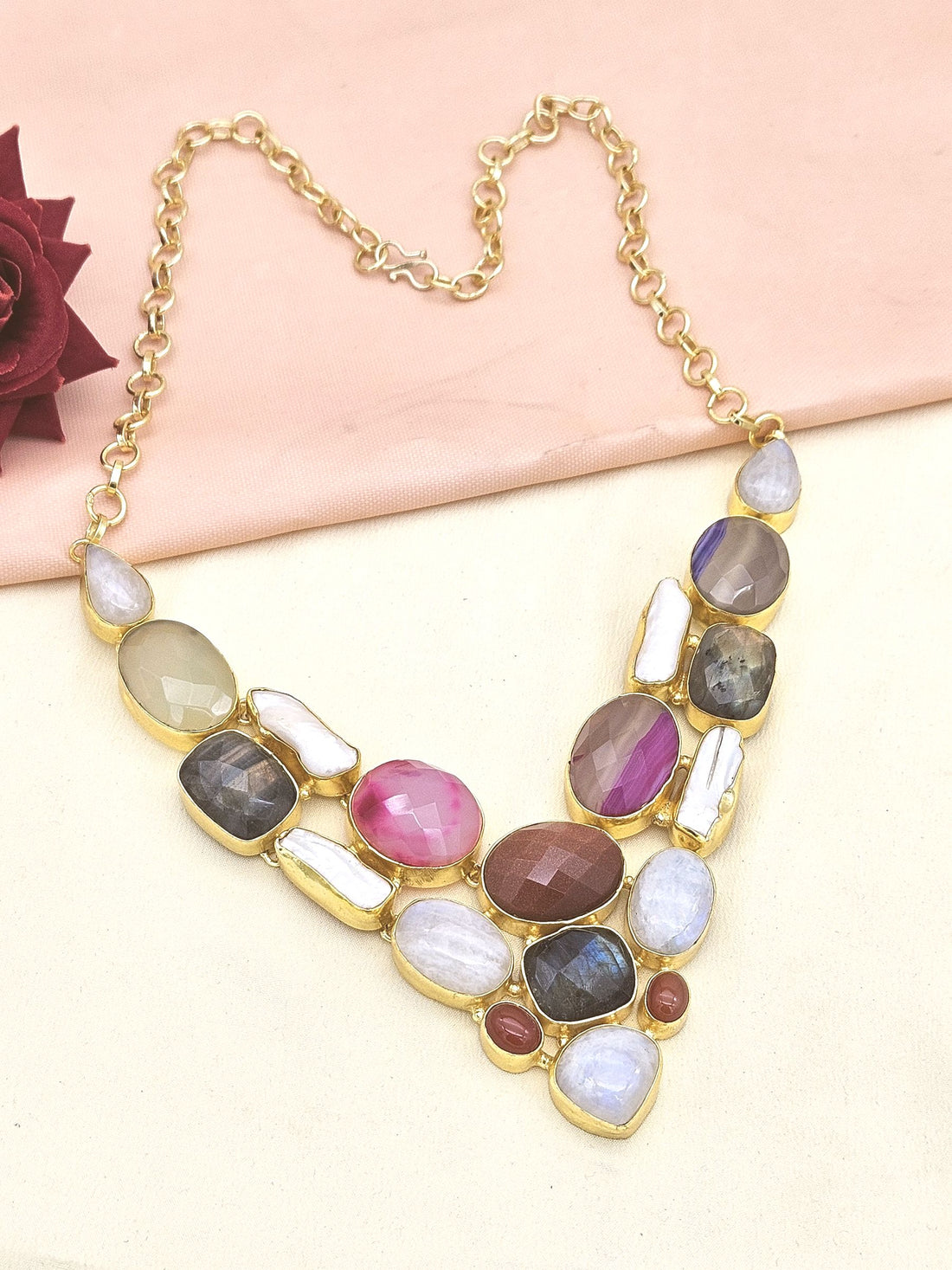 Awesome Gold plated Multi color Semi Precious Stones attractive Designer Costume Statement Necklace