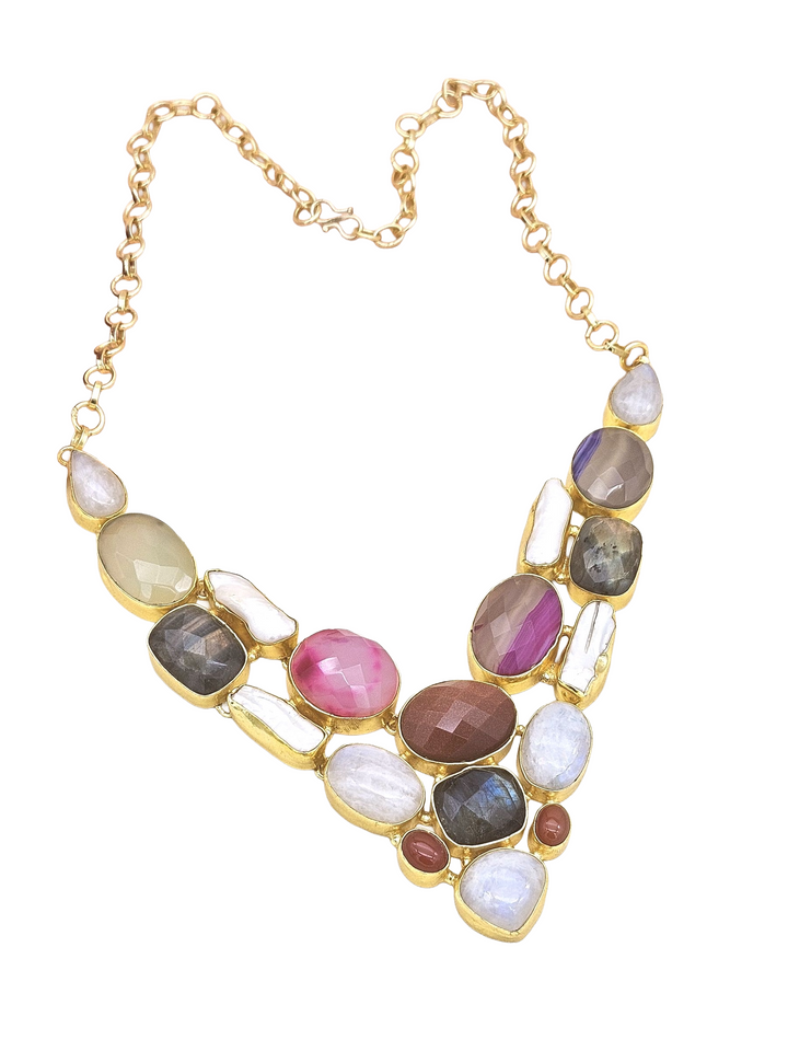 Awesome Gold plated Multi color Semi Precious Stones attractive Designer Costume Statement Necklace
