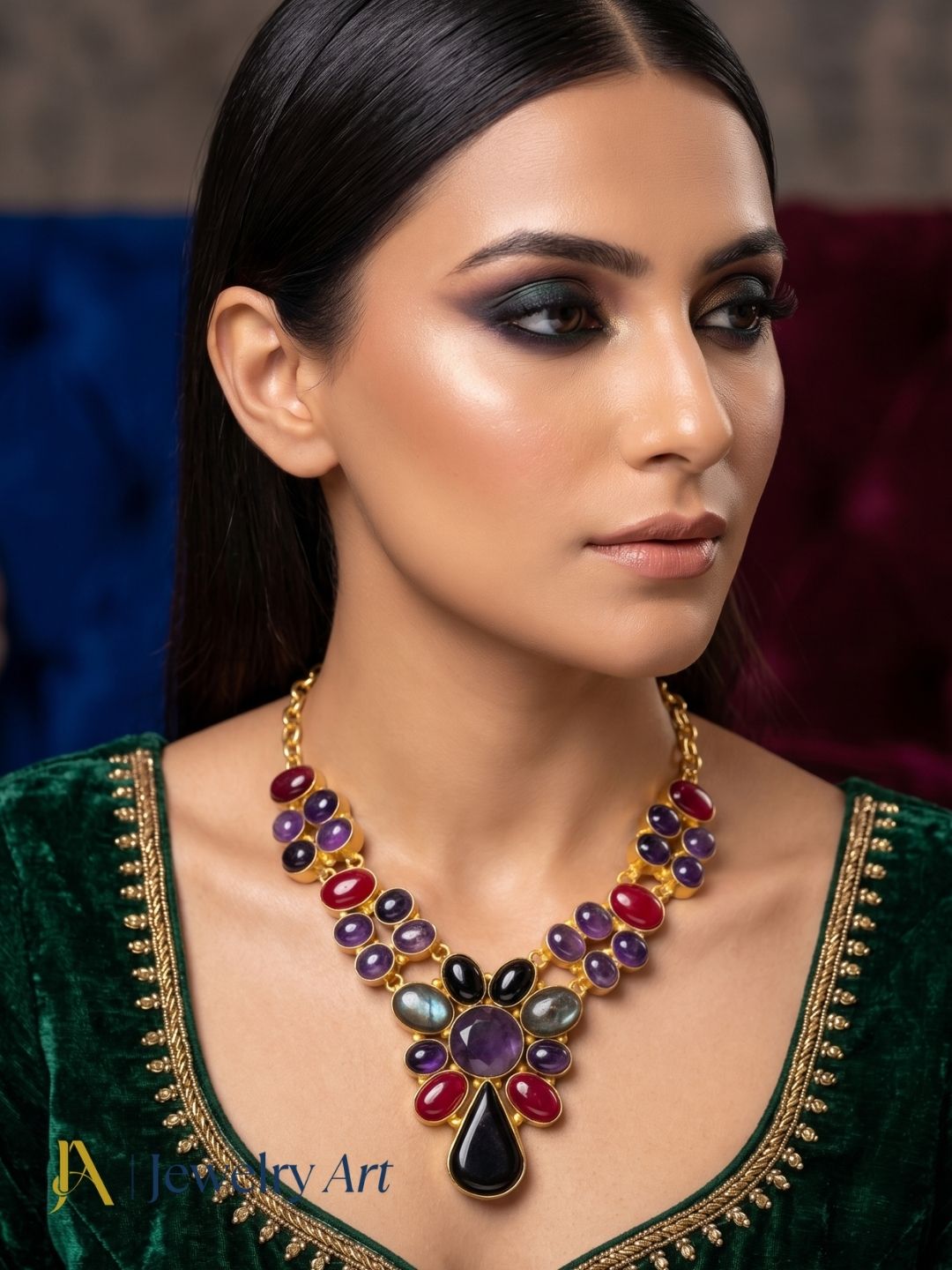 Premium gold plated ethnic statement necklace with colorful gemstone accents
