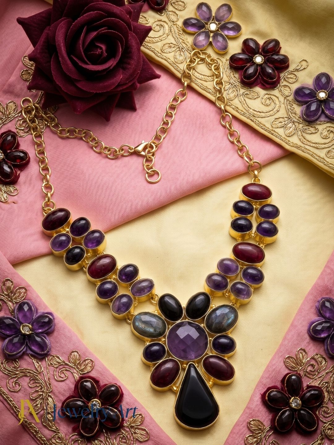 Premium gold plated ethnic statement necklace with colorful gemstone accents
