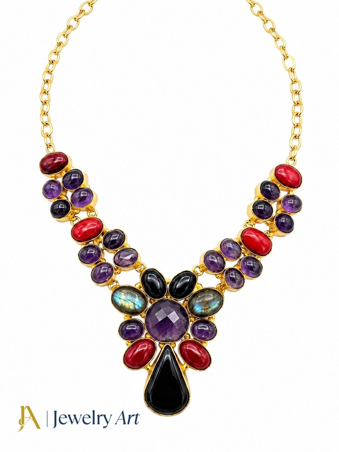 Premium gold plated ethnic statement necklace with colorful gemstone accents
