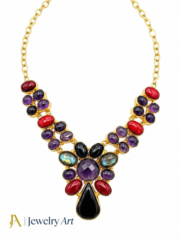 Premium gold plated ethnic statement necklace with colorful gemstone accents
