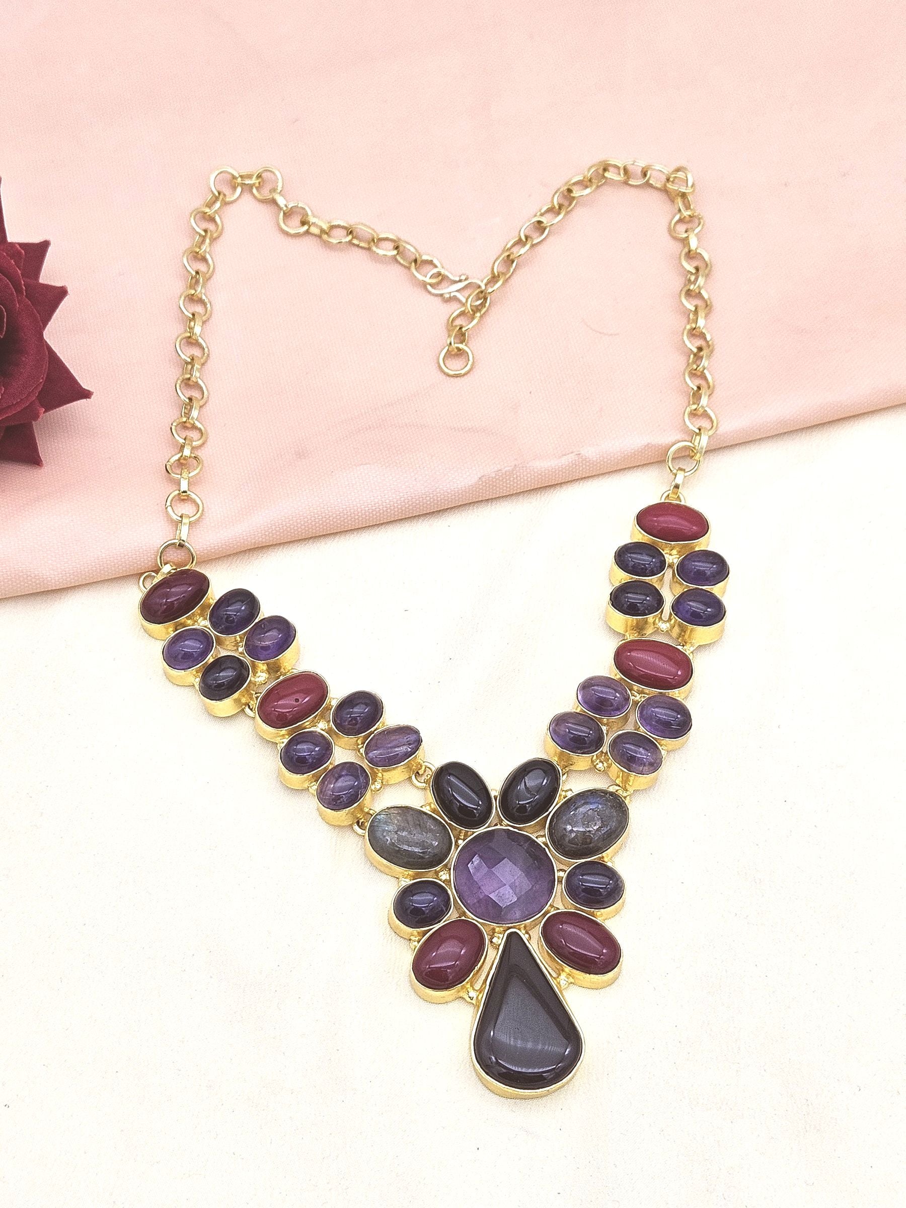 Awesome Gold plated Multi color Semi Precious Stones attractive Designer Costume Statement Necklace