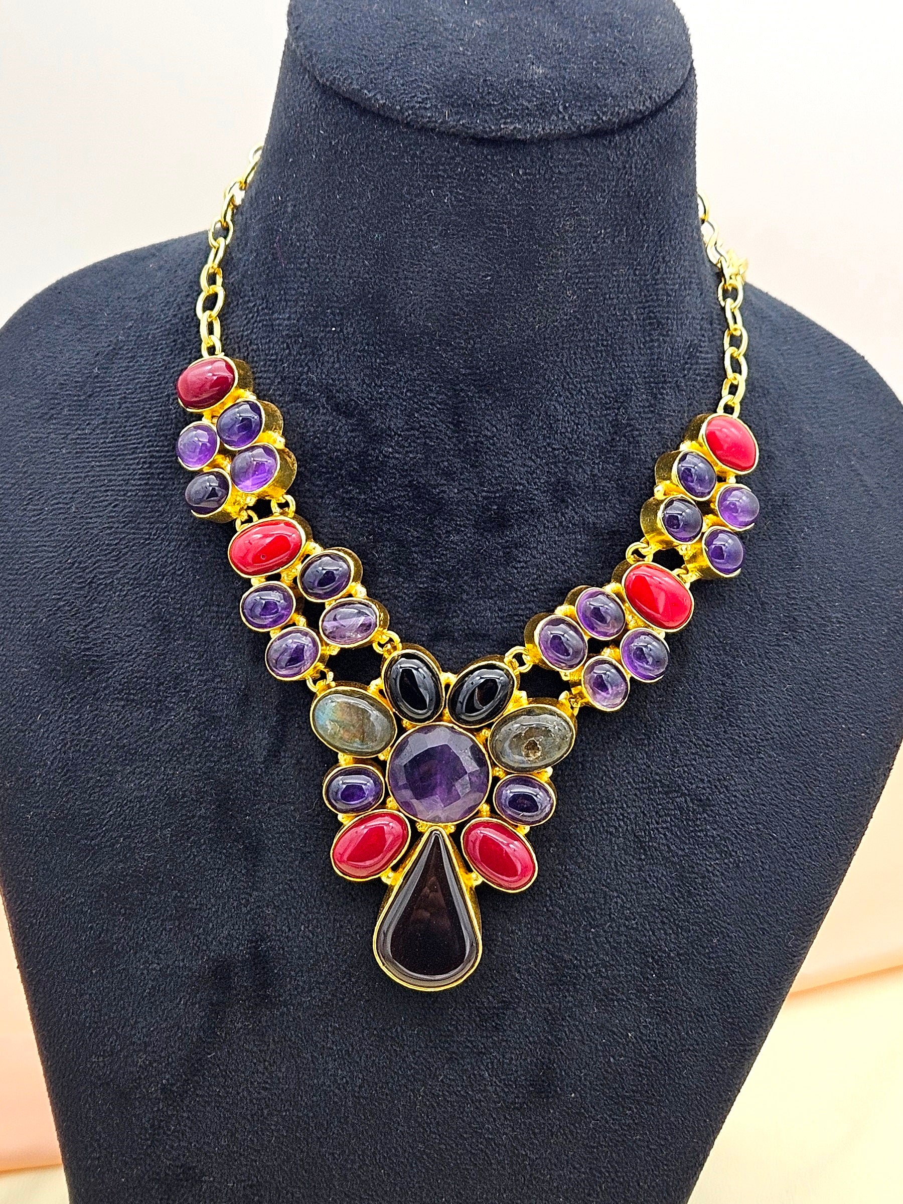 Awesome Gold plated Multi color Semi Precious Stones attractive Designer Costume Statement Necklace