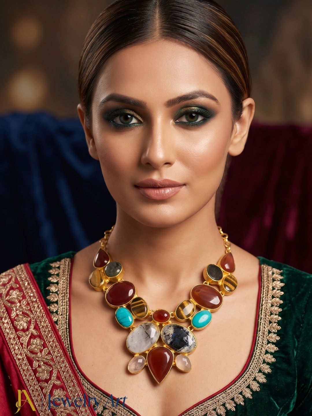 Designer gold plated gemstone necklace for party and festive wear
