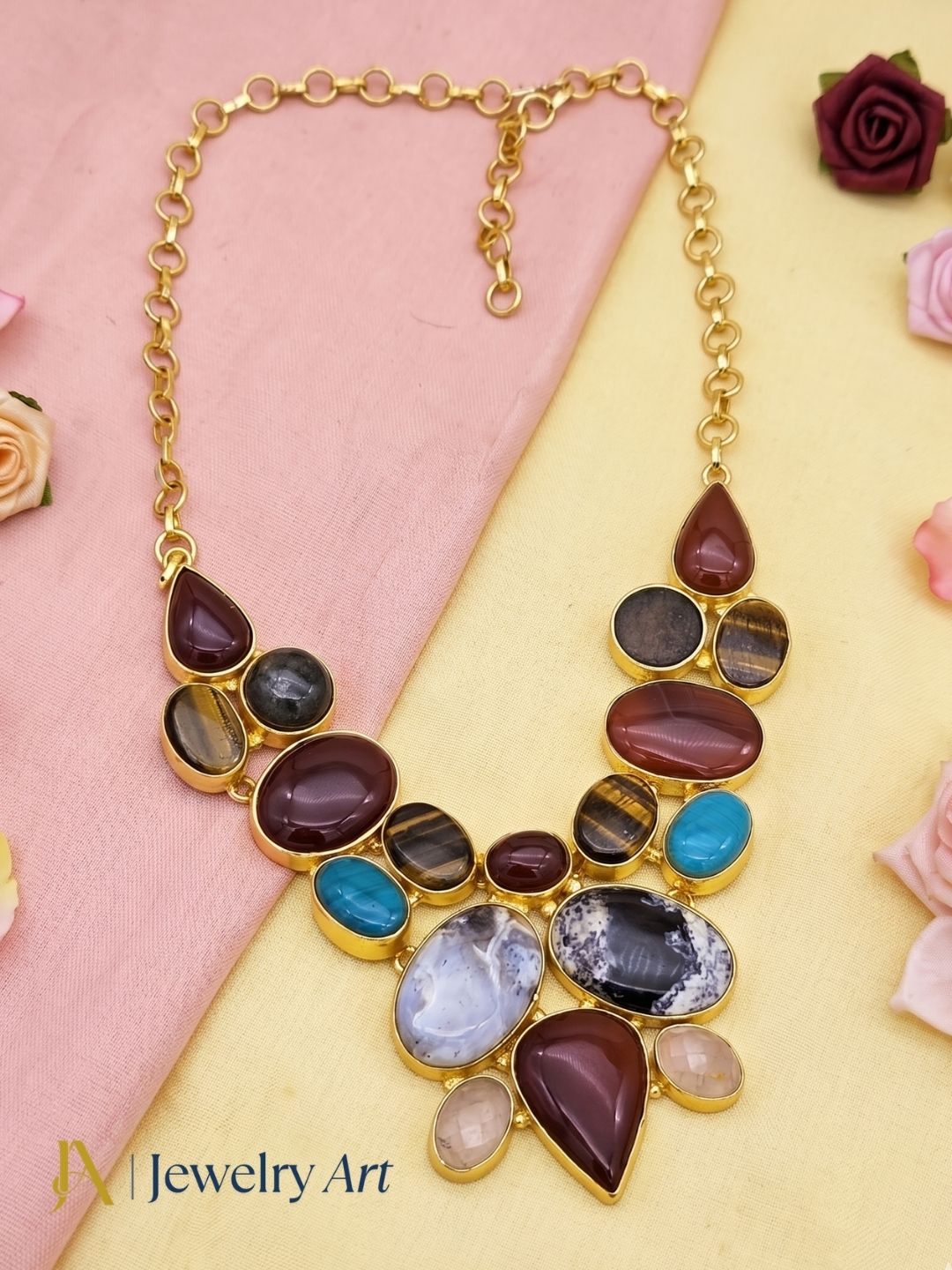 Designer gold plated gemstone necklace for party and festive wear
