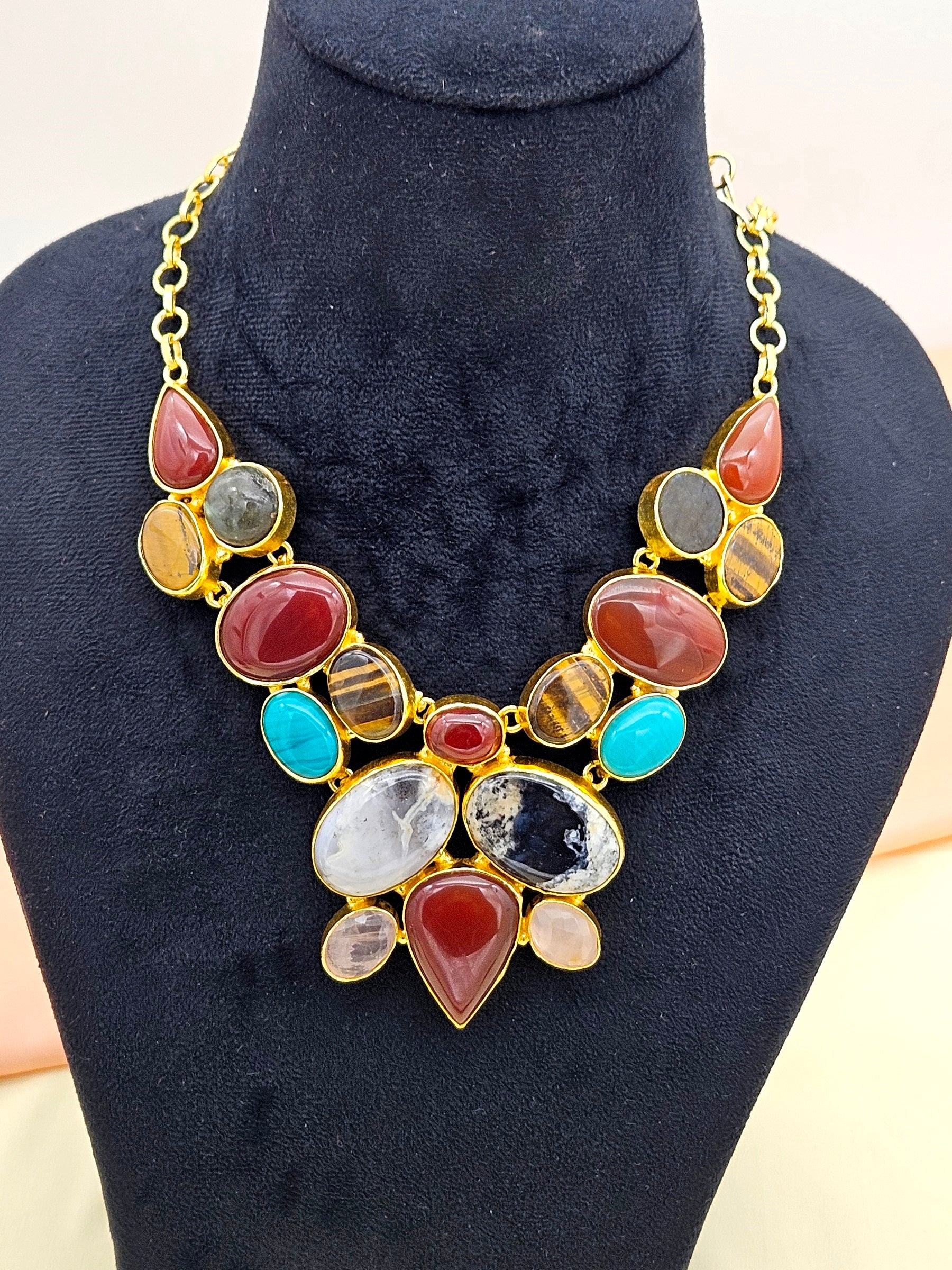 Awesome Gold plated Multi color Semi Precious Stones attractive Designer Costume Statement Necklace