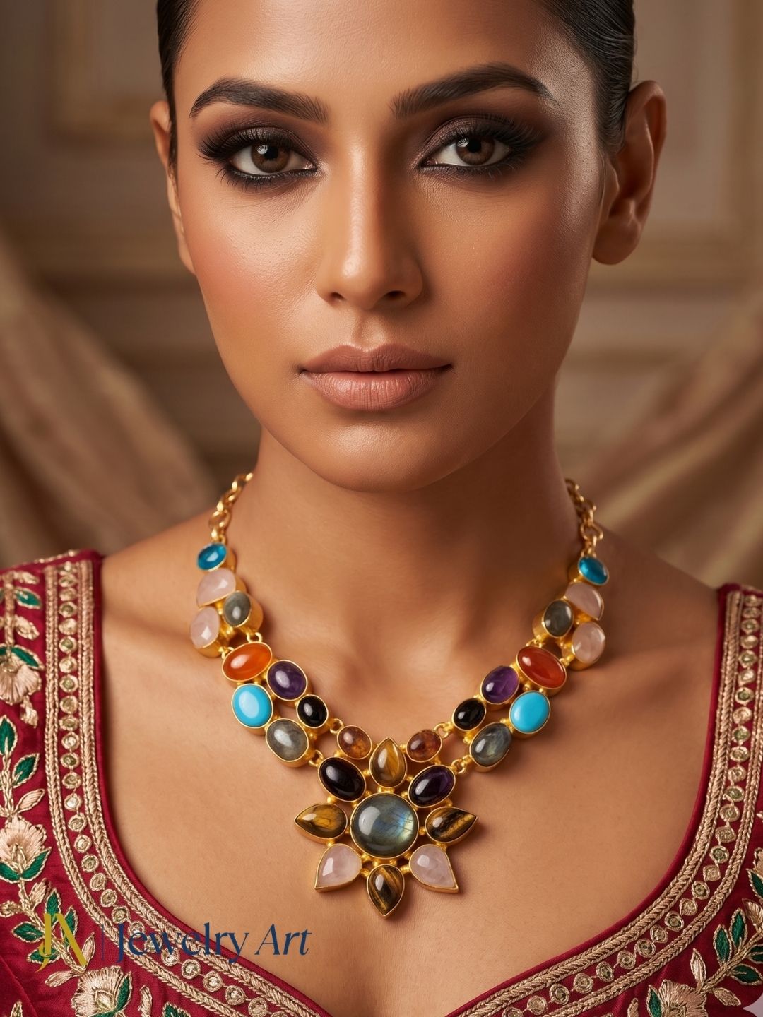 Women’s gold plated multicolor semi precious stone designer statement necklace
