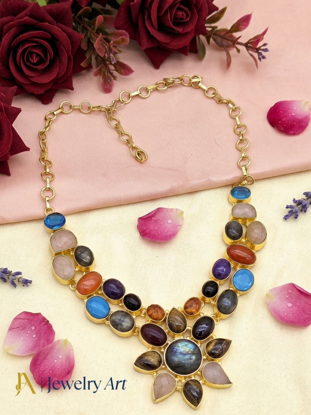 Women’s gold plated multicolor semi precious stone designer statement necklace
