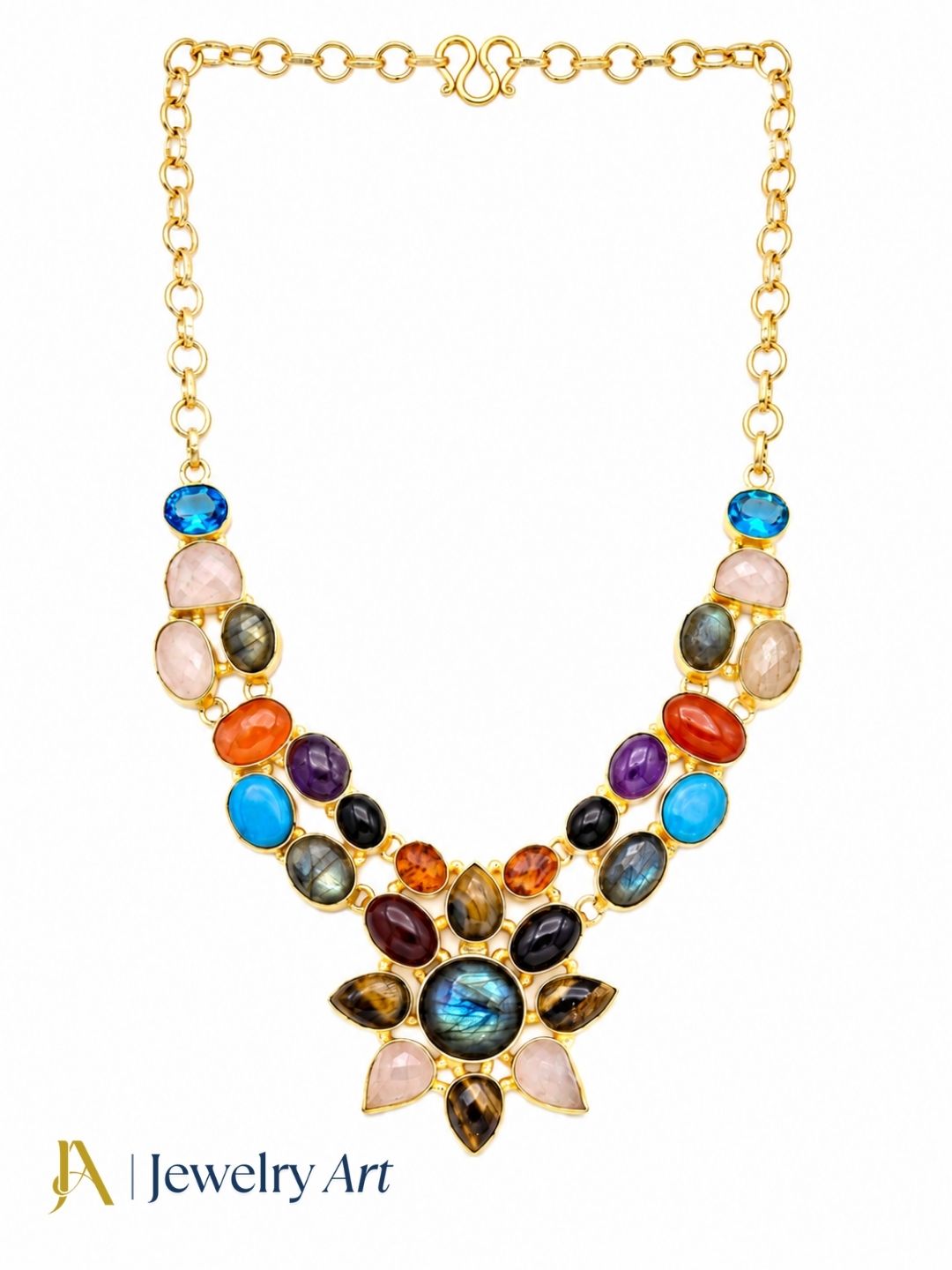 Women’s gold plated multicolor semi precious stone designer statement necklace

