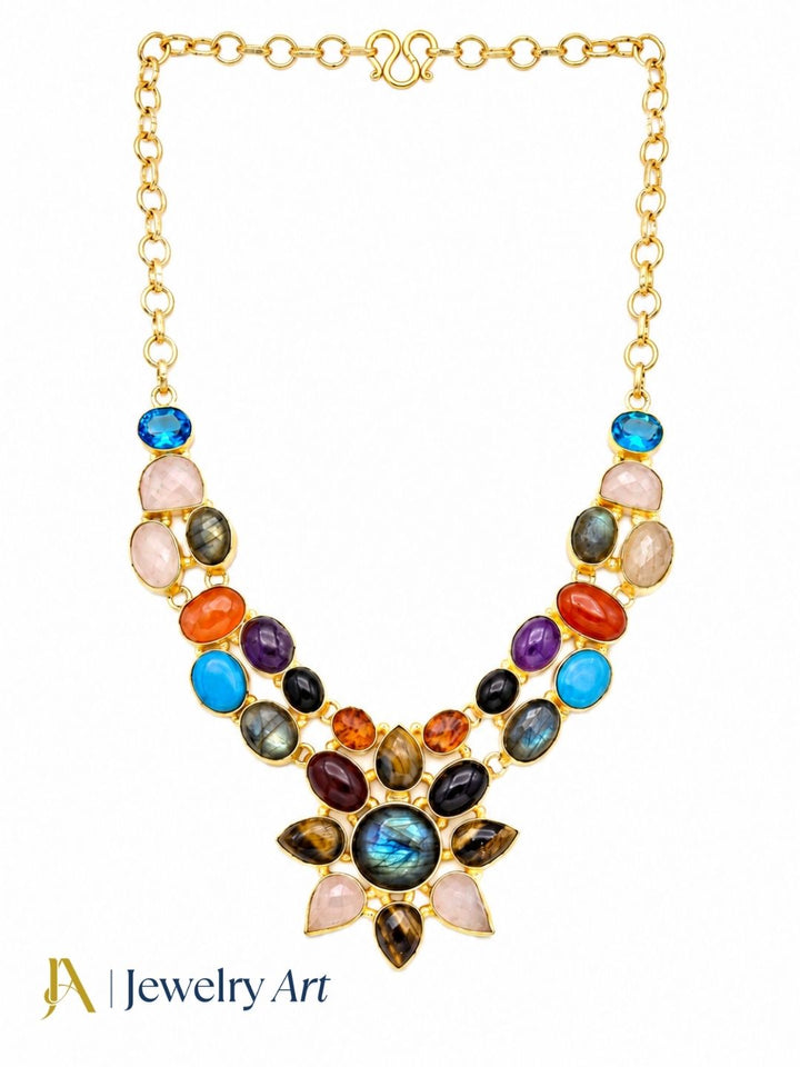 Women’s gold plated multicolor semi precious stone designer statement necklace
