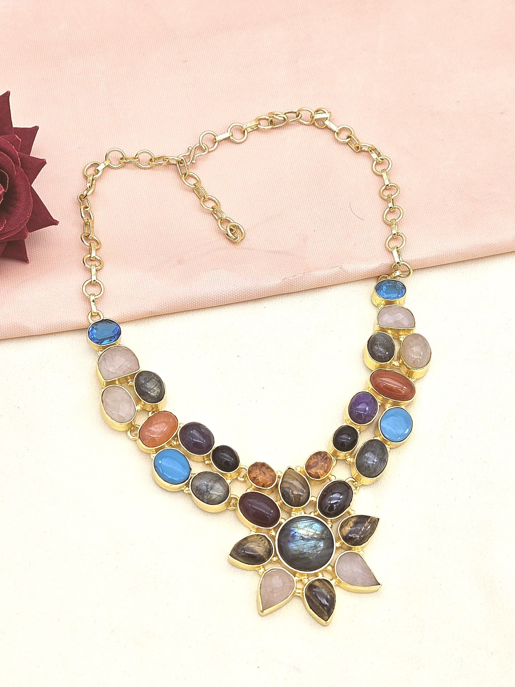 Awesome Gold plated Multi color Semi Precious Stones attractive Designer Costume Statement Necklace