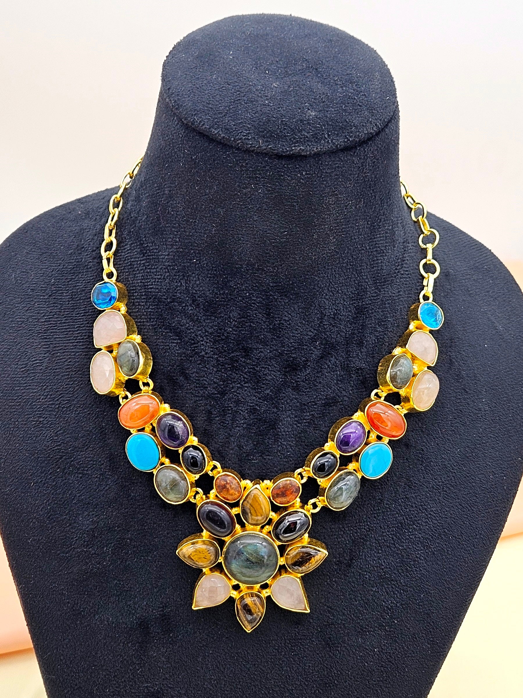 Awesome Gold plated Multi color Semi Precious Stones attractive Designer Costume Statement Necklace