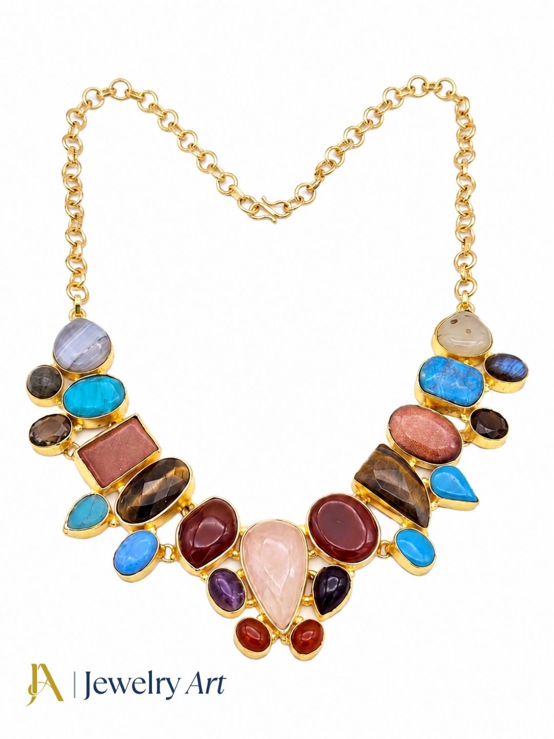 Premium gold plated ethnic statement necklace with vibrant semi precious stone accents
