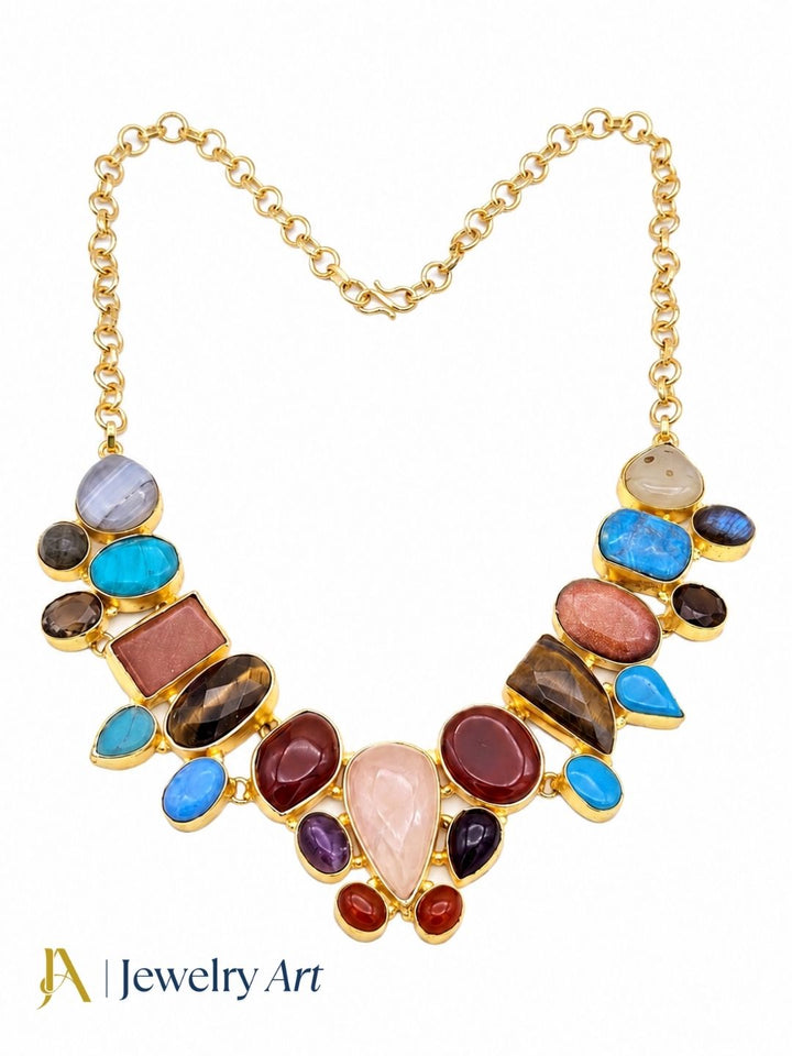Premium gold plated ethnic statement necklace with vibrant semi precious stone accents

