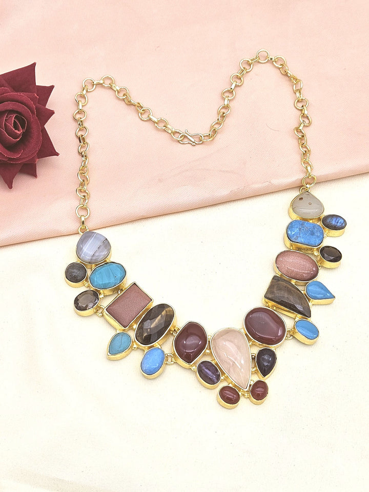 Awesome Gold plated Multi color Semi Precious Stones attractive Designer Costume Statement Necklace