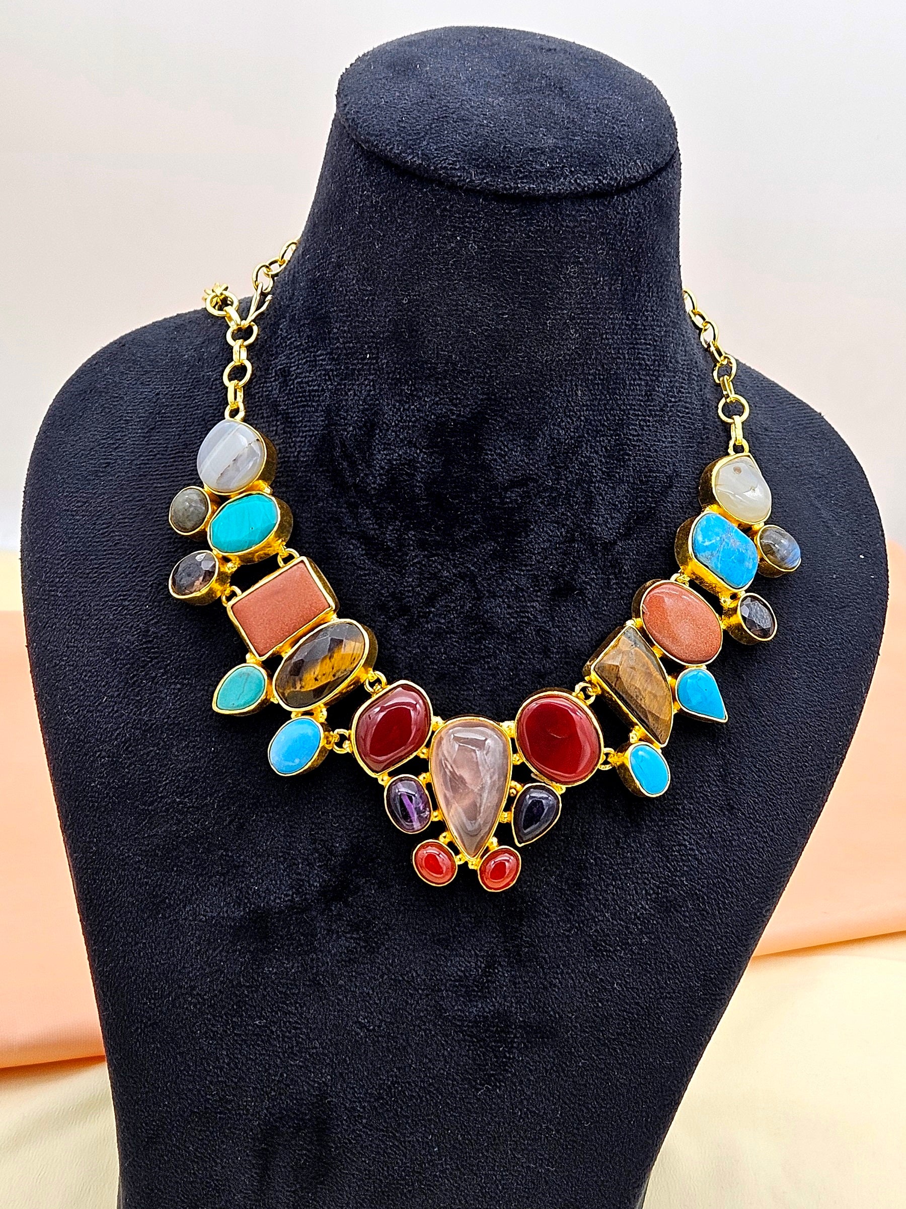 Awesome Gold plated Multi color Semi Precious Stones attractive Designer Costume Statement Necklace