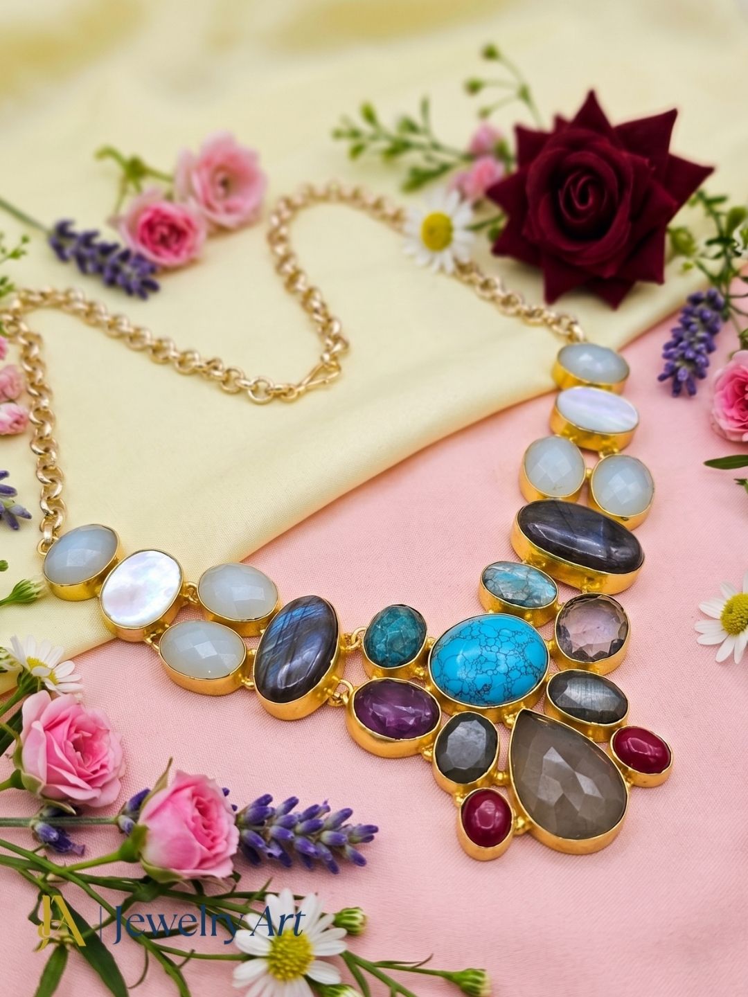 Elegant semi precious stone necklace with colorful gemstone accents for women
