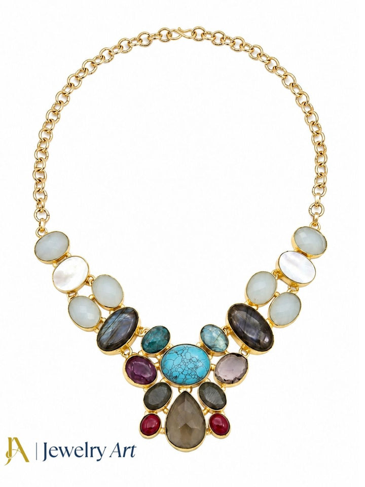 Elegant semi precious stone necklace with colorful gemstone accents for women
