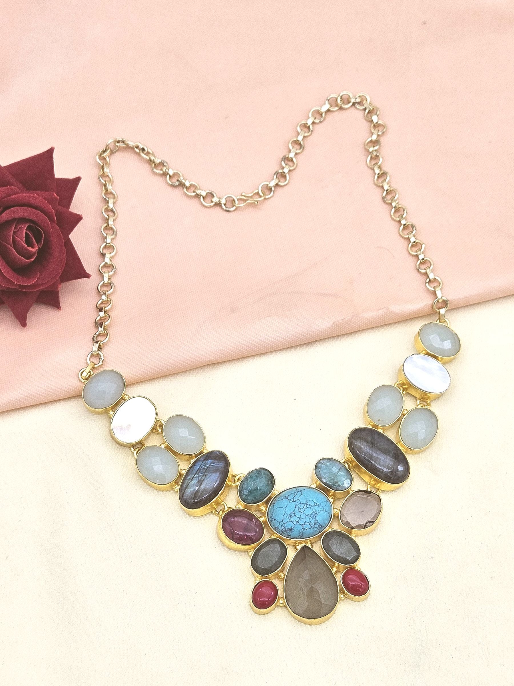 Awesome Gold plated Multi color Semi Precious Stones attractive Designer Costume Statement Necklace