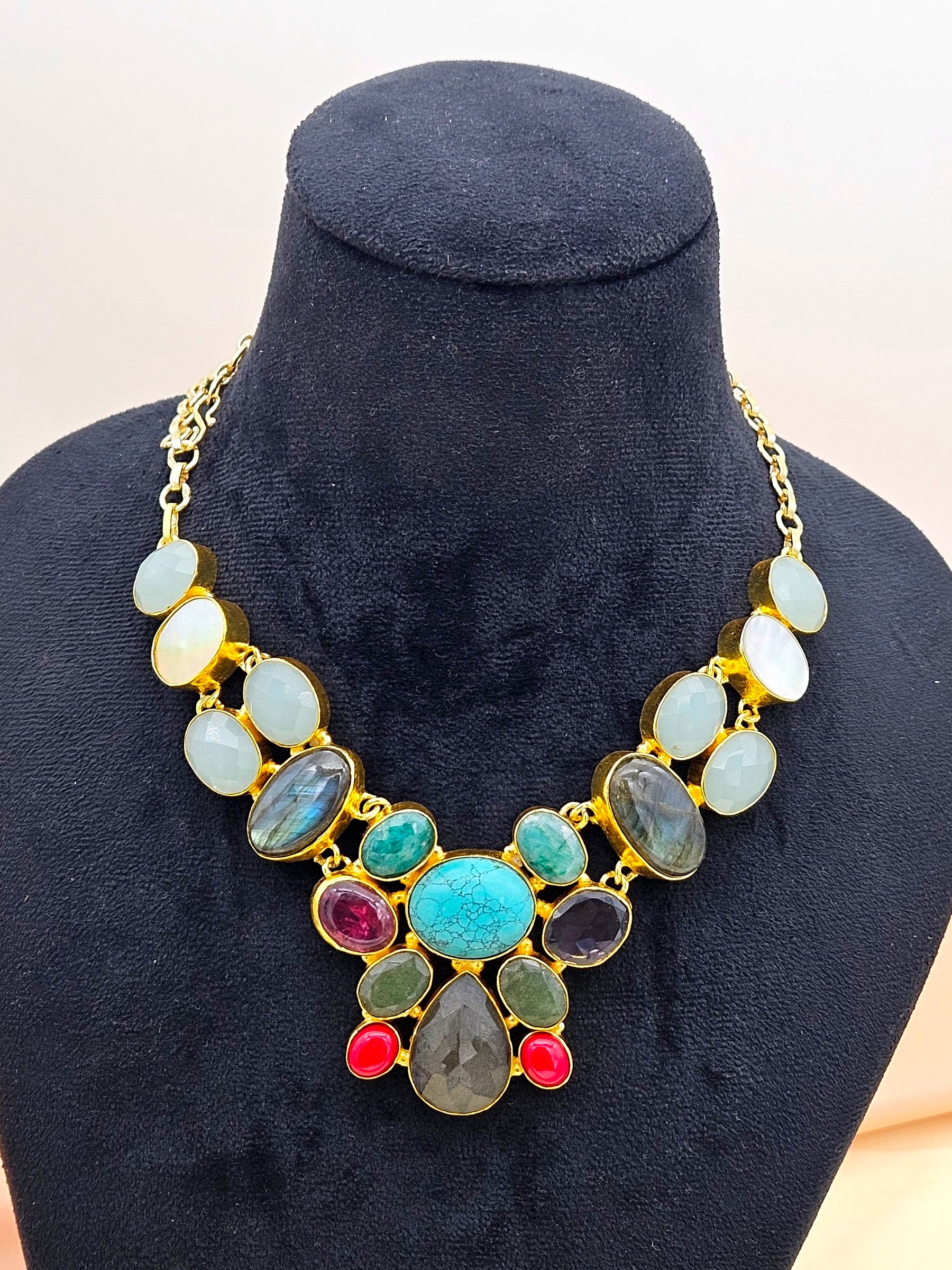 Awesome Gold plated Multi color Semi Precious Stones attractive Designer Costume Statement Necklace