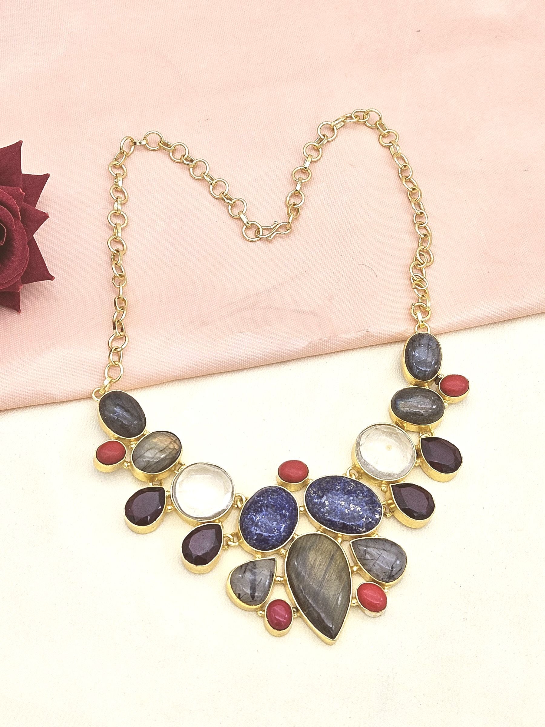 Awesome Gold plated Multi color Semi Precious Stones attractive Designer Costume Statement Necklace