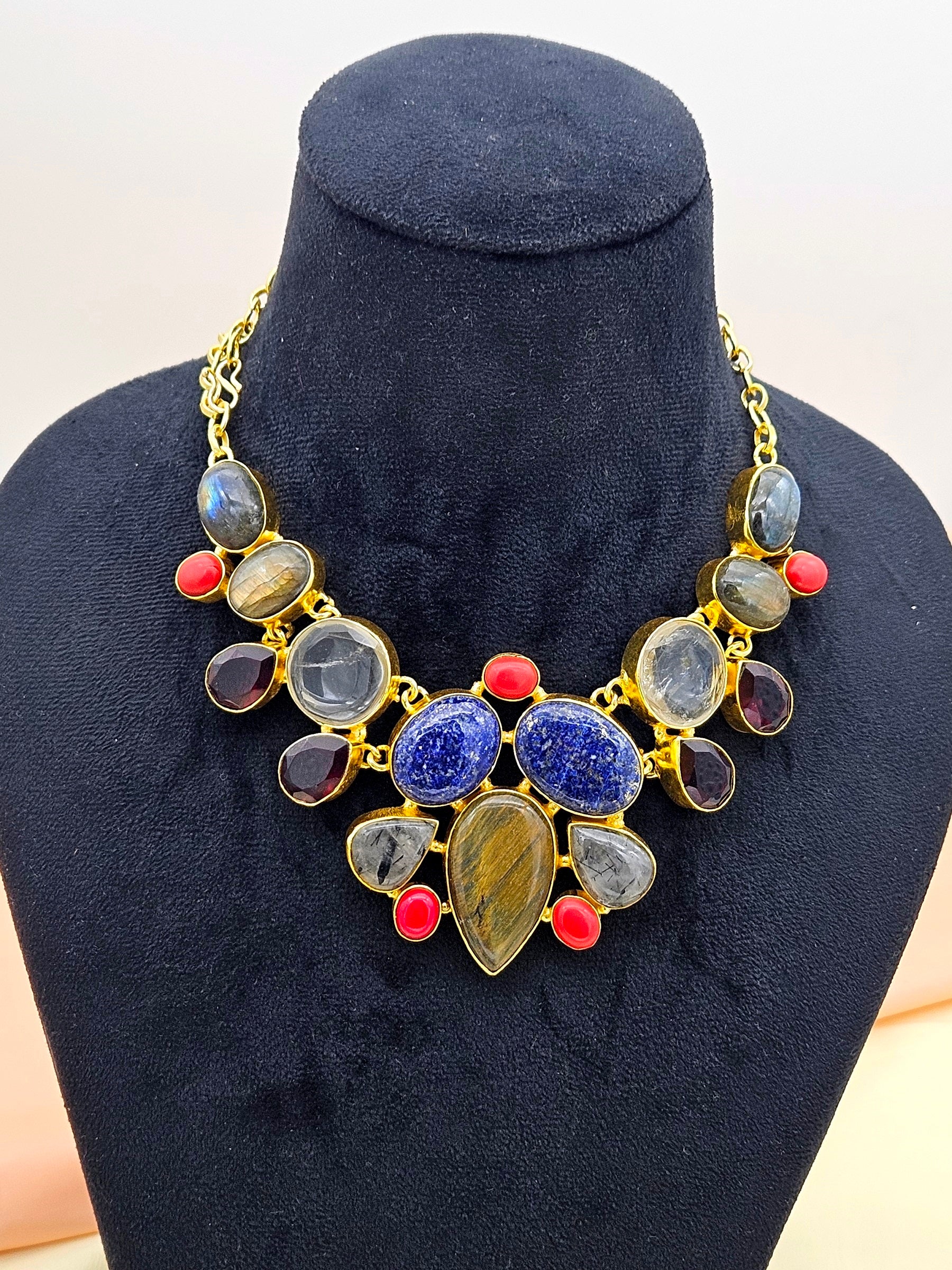 Awesome Gold plated Multi color Semi Precious Stones attractive Designer Costume Statement Necklace