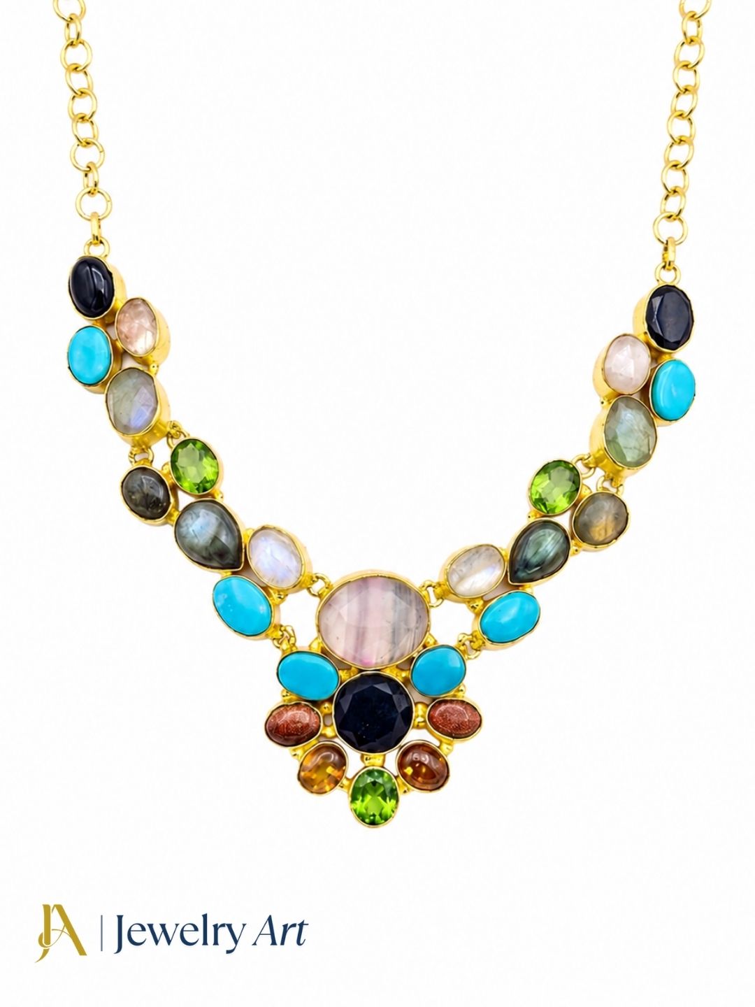 Artistic gold plated statement necklace with vibrant semi precious stones

