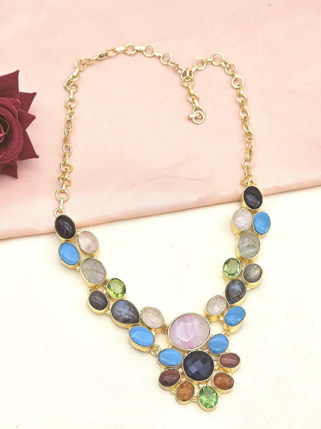 Awesome Gold plated Multi color Semi Precious Stones attractive Designer Costume Statement Necklace