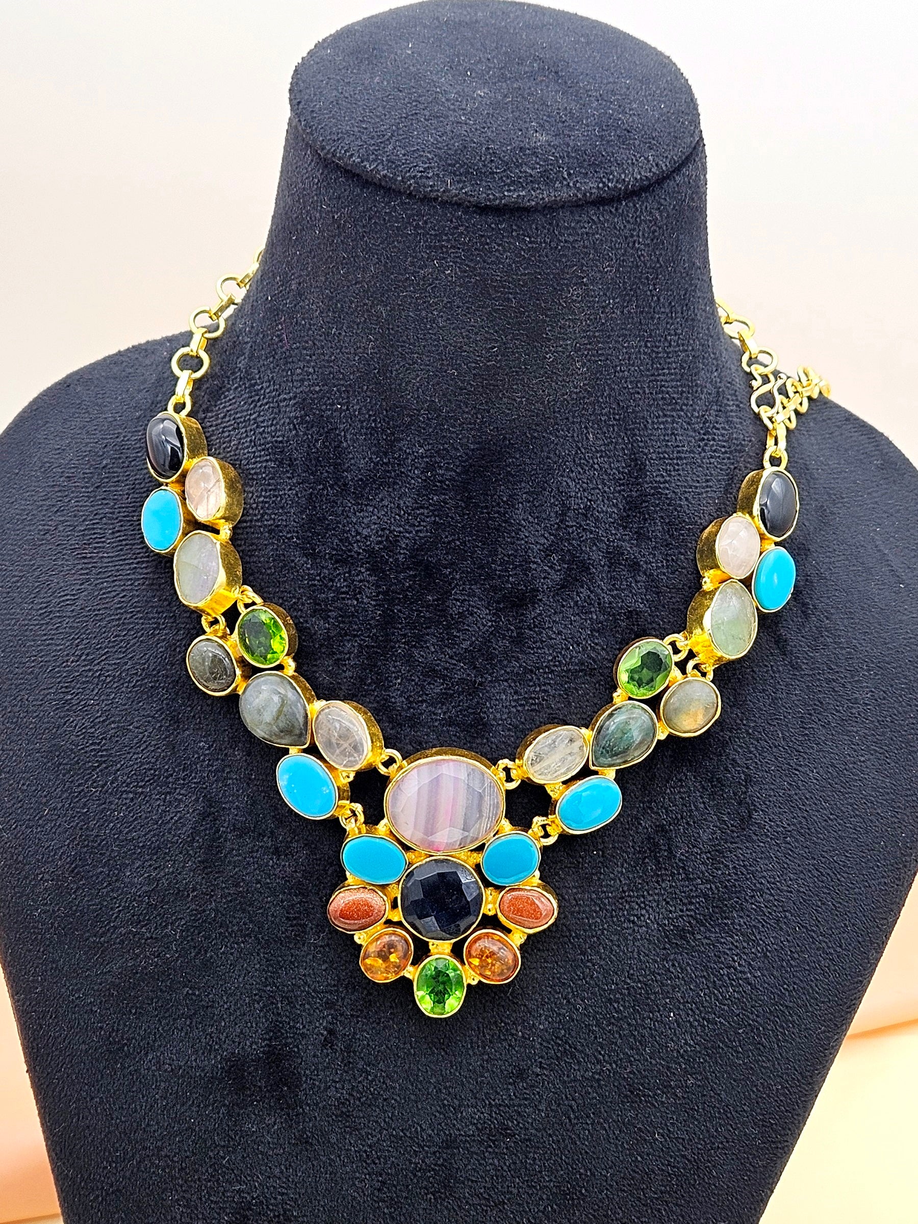 Awesome Gold plated Multi color Semi Precious Stones attractive Designer Costume Statement Necklace