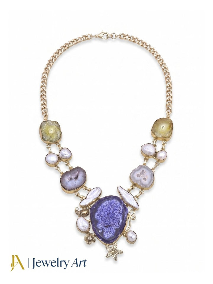 Fashion statement necklace with multicolor stones and elegant pearl detailing
