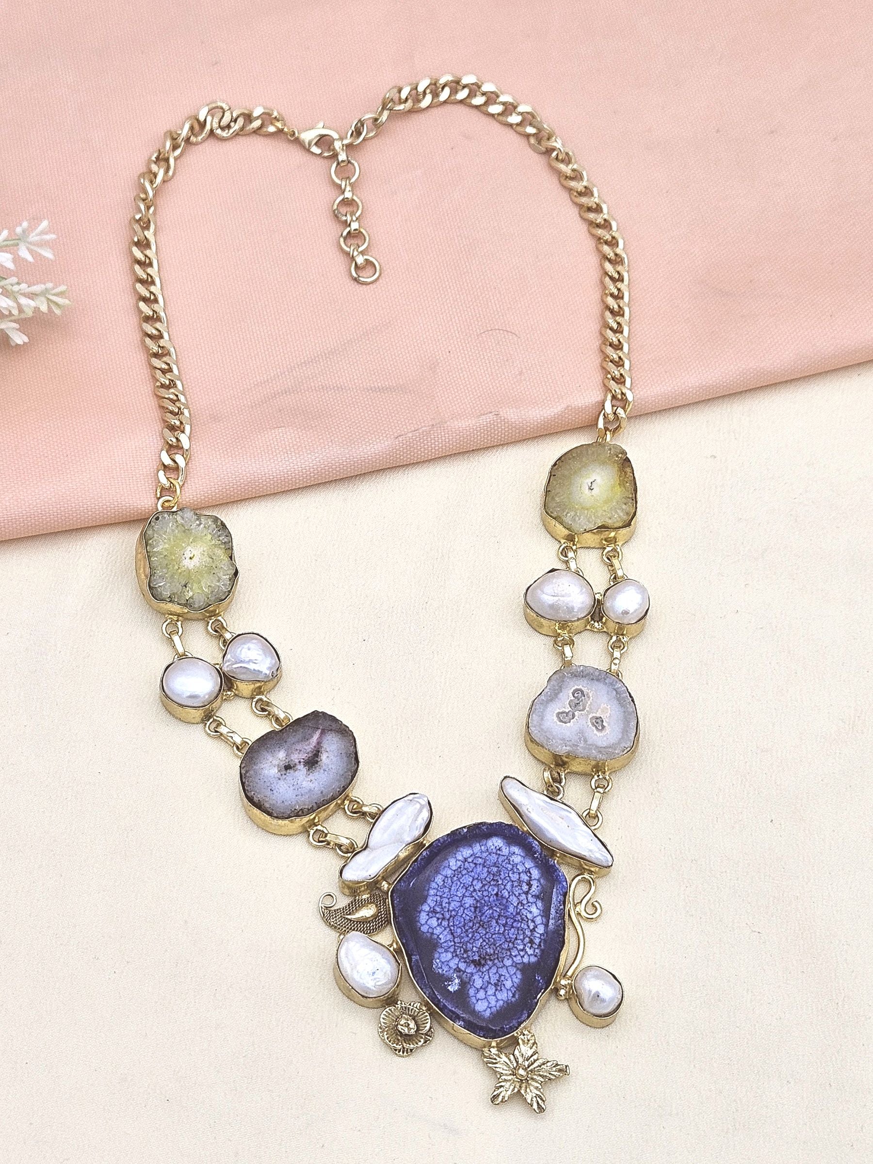 Charming Gold plated Multi Color Solar Quartz-Pearl Light Weight Statement Necklace