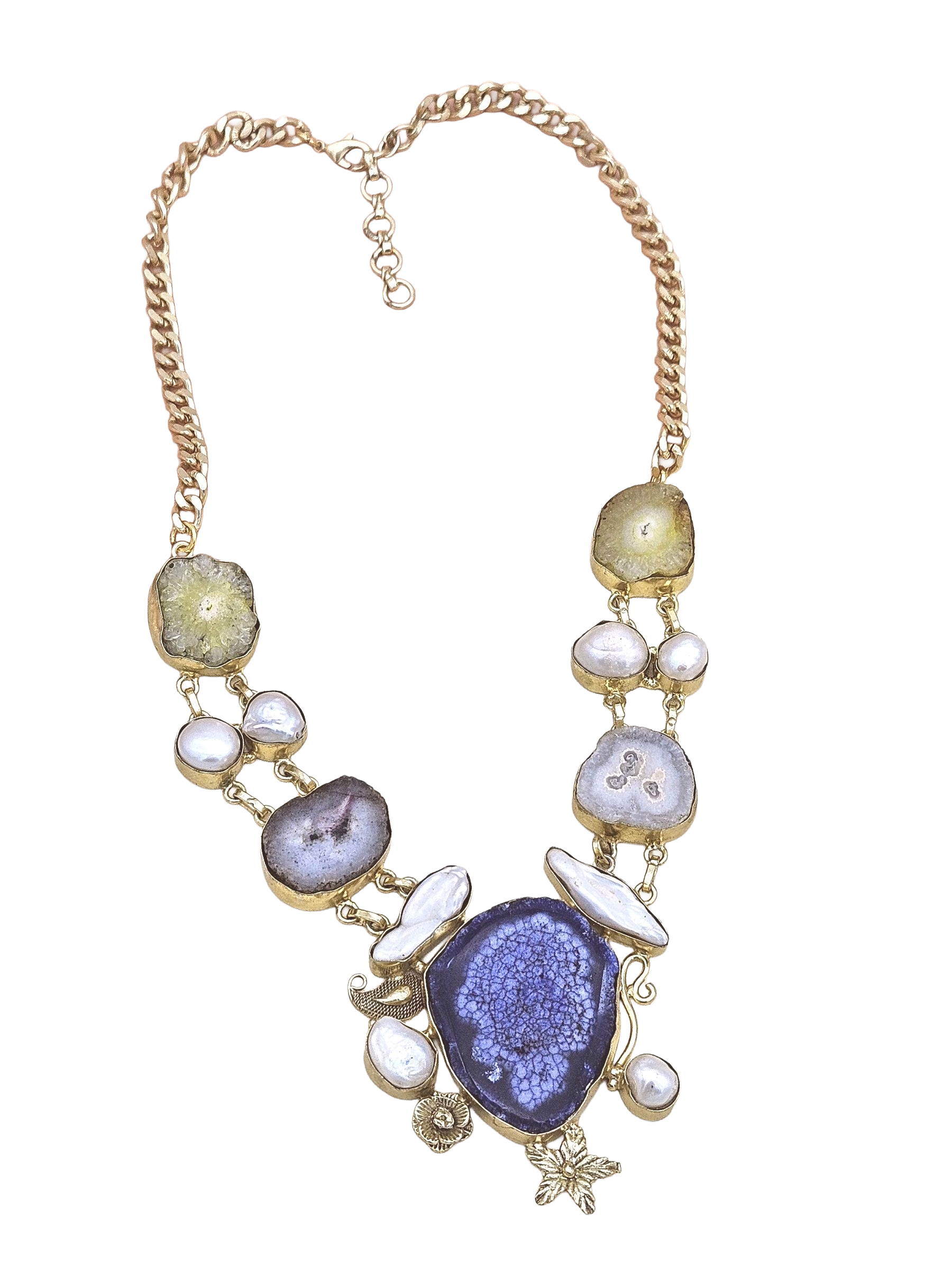 Charming Gold plated Multi Color Solar Quartz-Pearl Light Weight Statement Necklace
