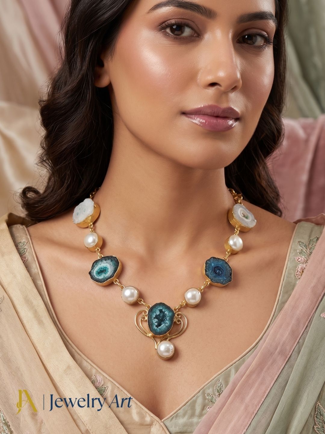 Stylish gold plated gemstone necklace with colorful solar quartz accents for women
