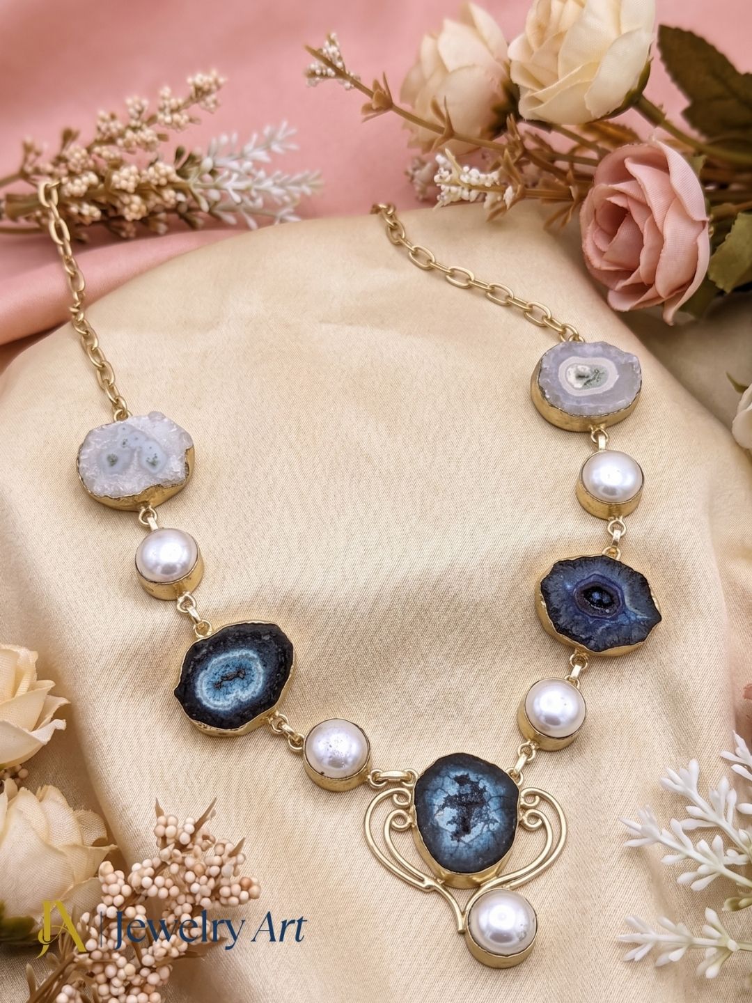 Stylish gold plated gemstone necklace with colorful solar quartz accents for women
