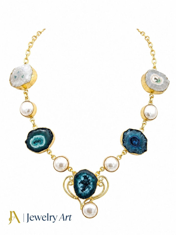Stylish gold plated gemstone necklace with colorful solar quartz accents for women
