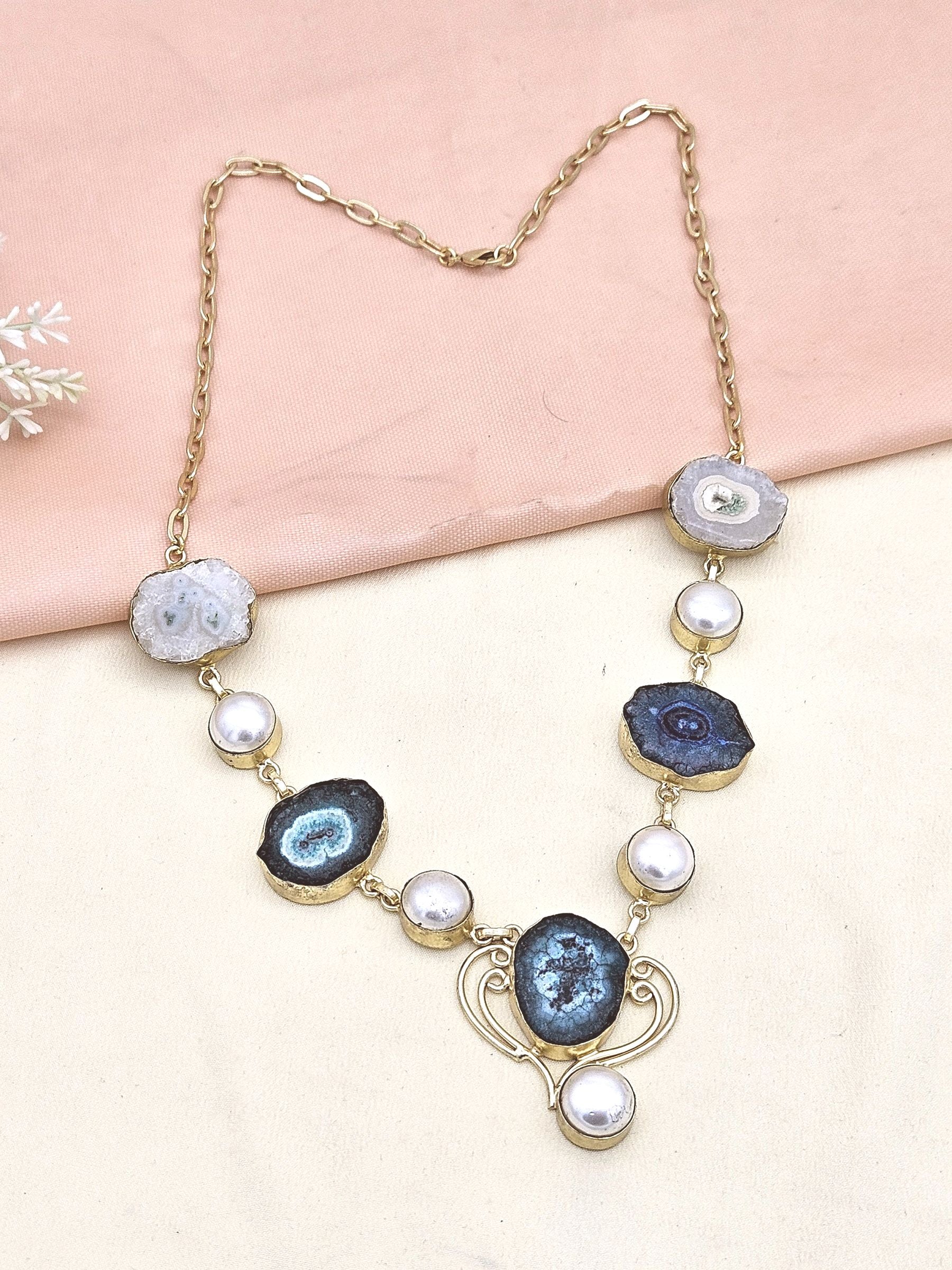 Charming Gold plated Multi Color Solar Quartz-Pearl Light Weight Statement Necklace