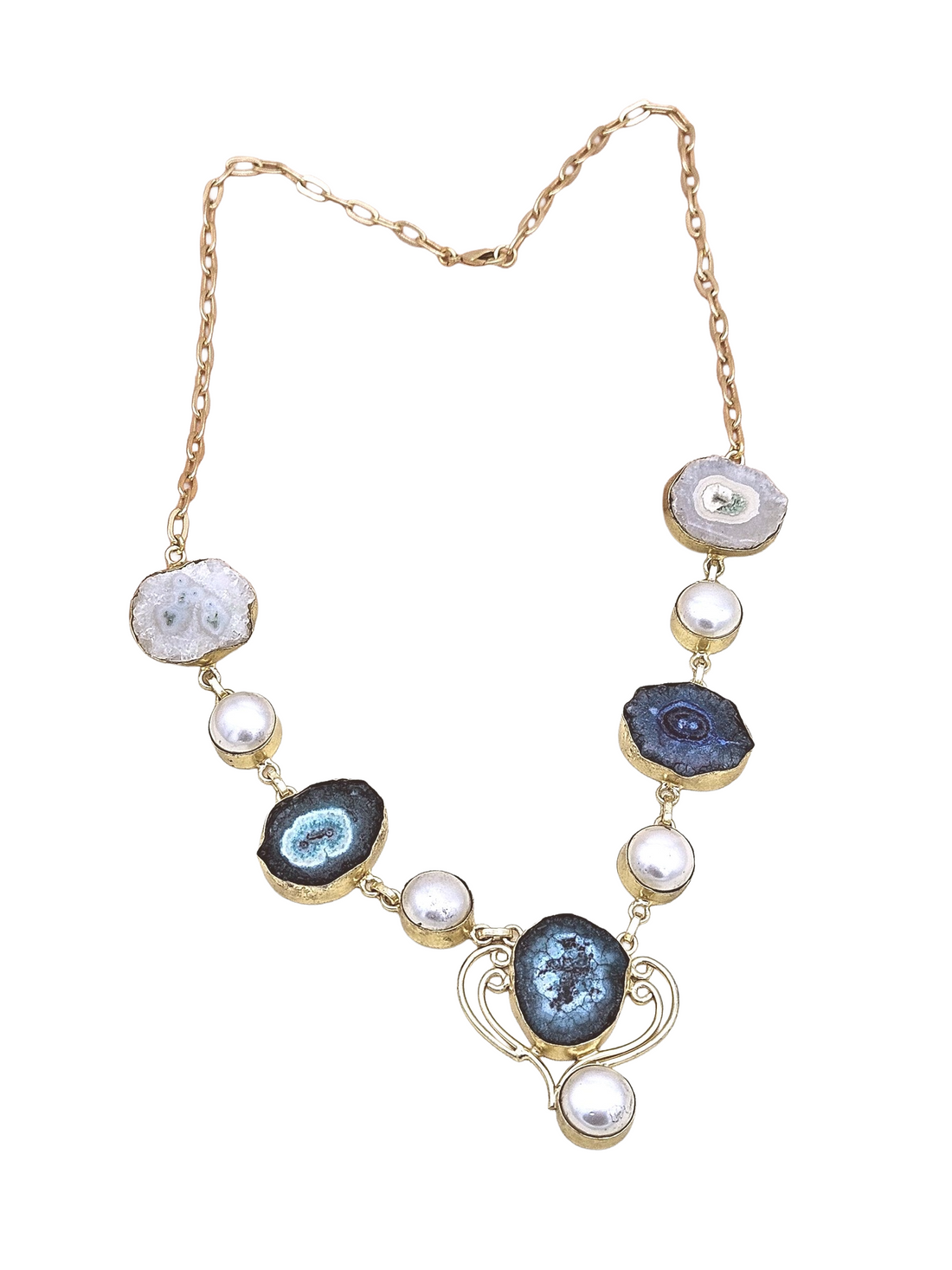 Charming Gold plated Multi Color Solar Quartz-Pearl Light Weight Statement Necklace
