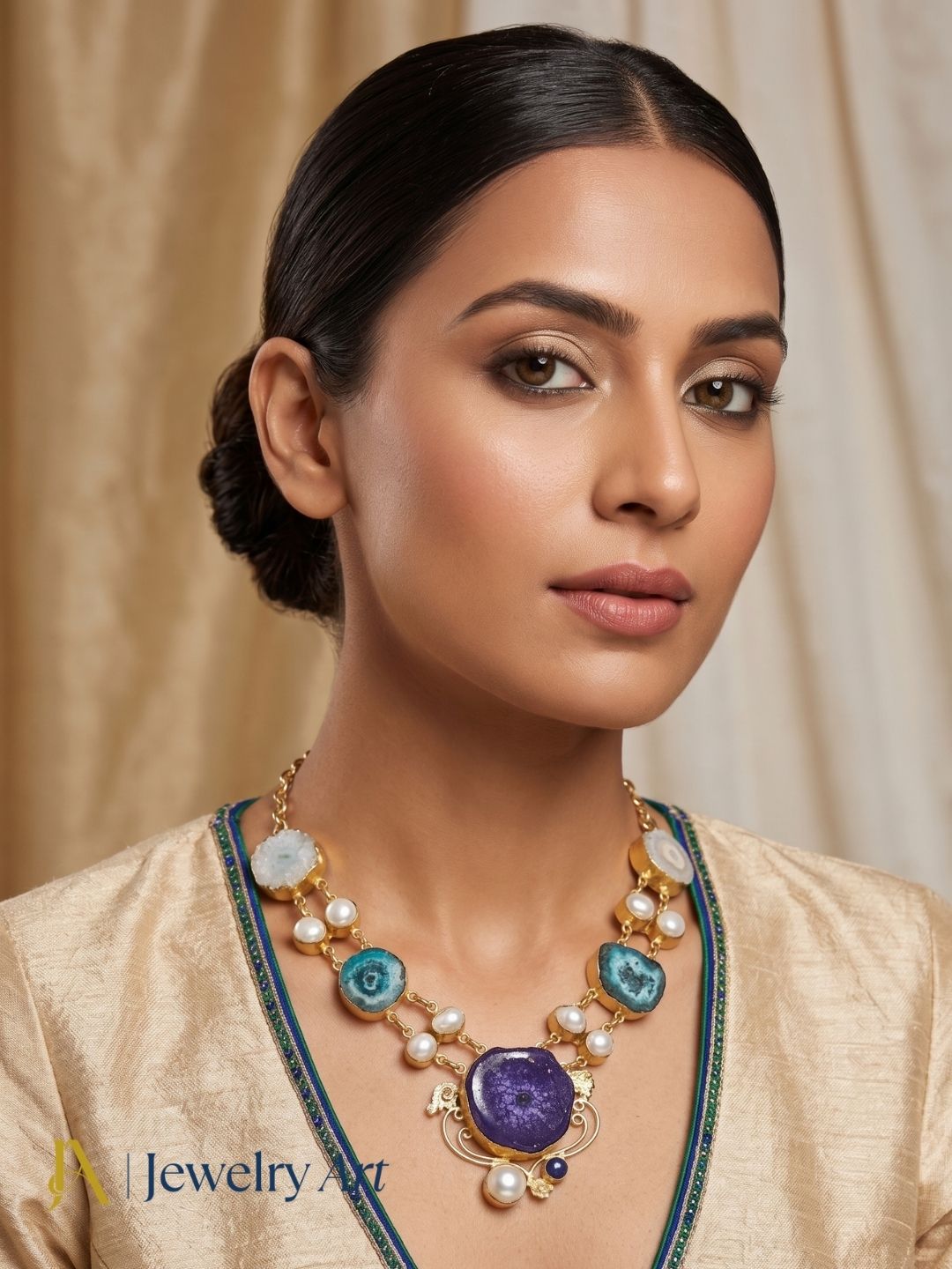 Modern ethnic statement necklace with multicolor semi precious stones
