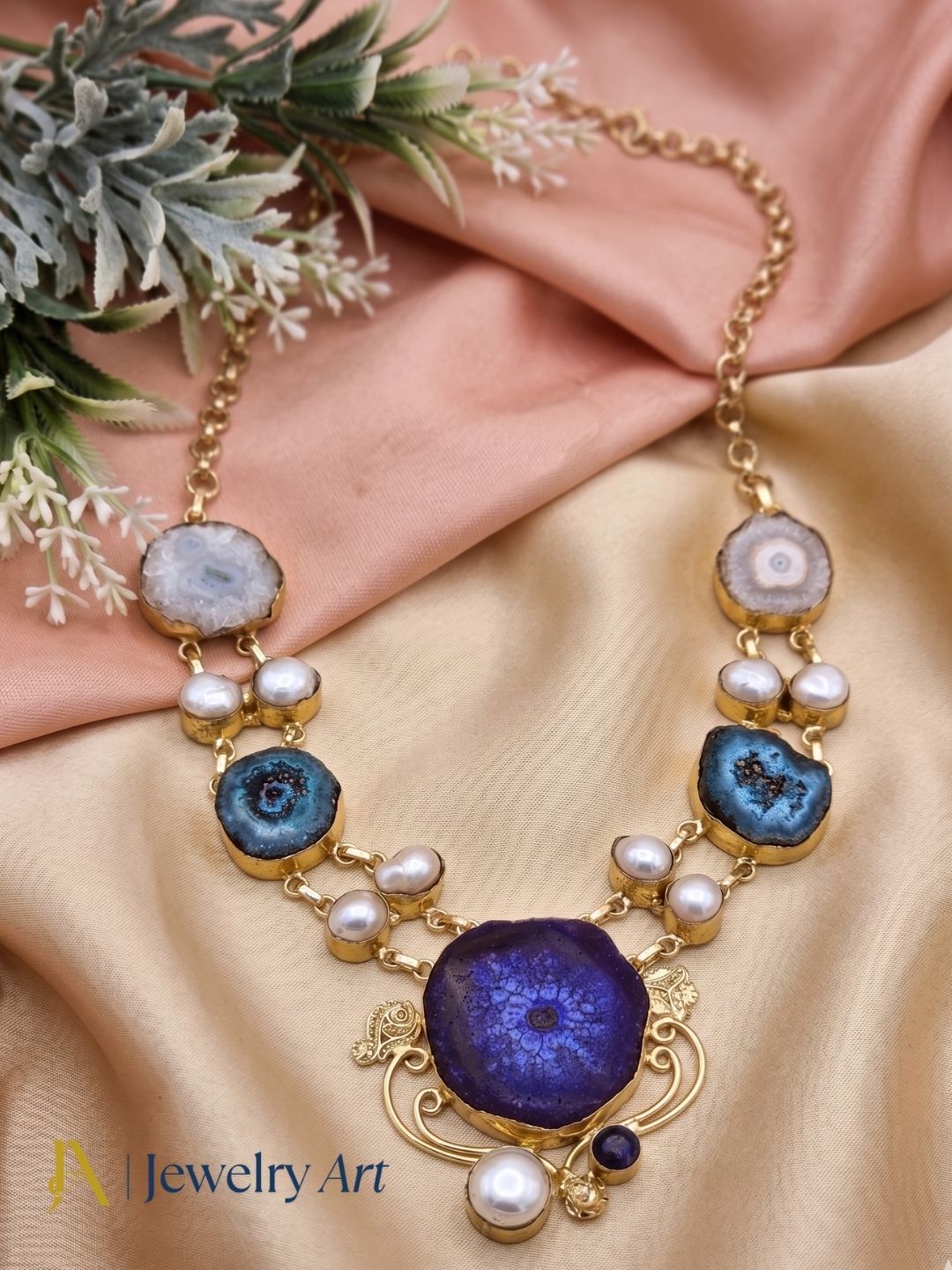 Modern ethnic statement necklace with multicolor semi precious stones
