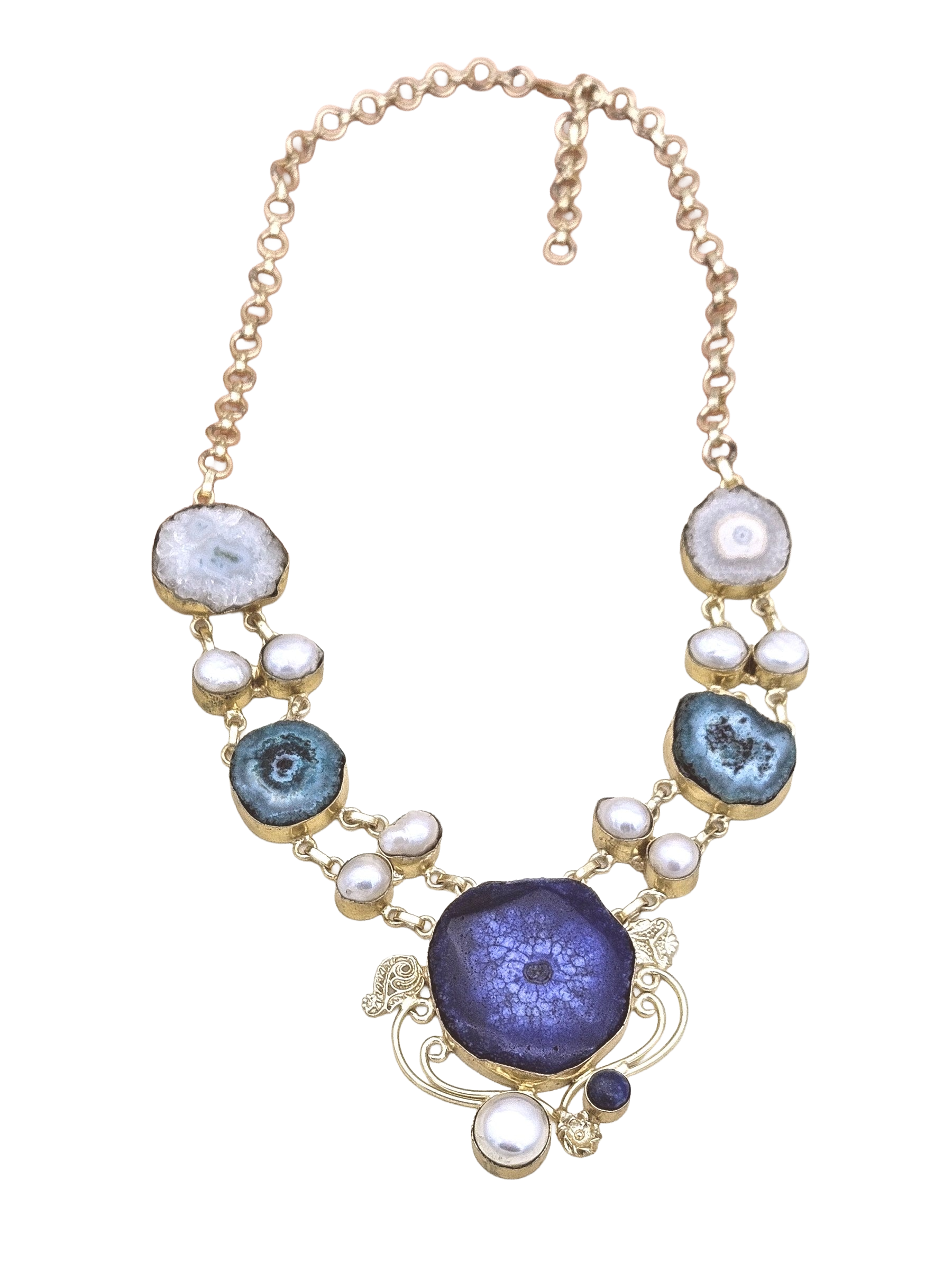 Charming Gold plated Multi Color Solar Quartz-Pearl Light Weight Statement Necklace