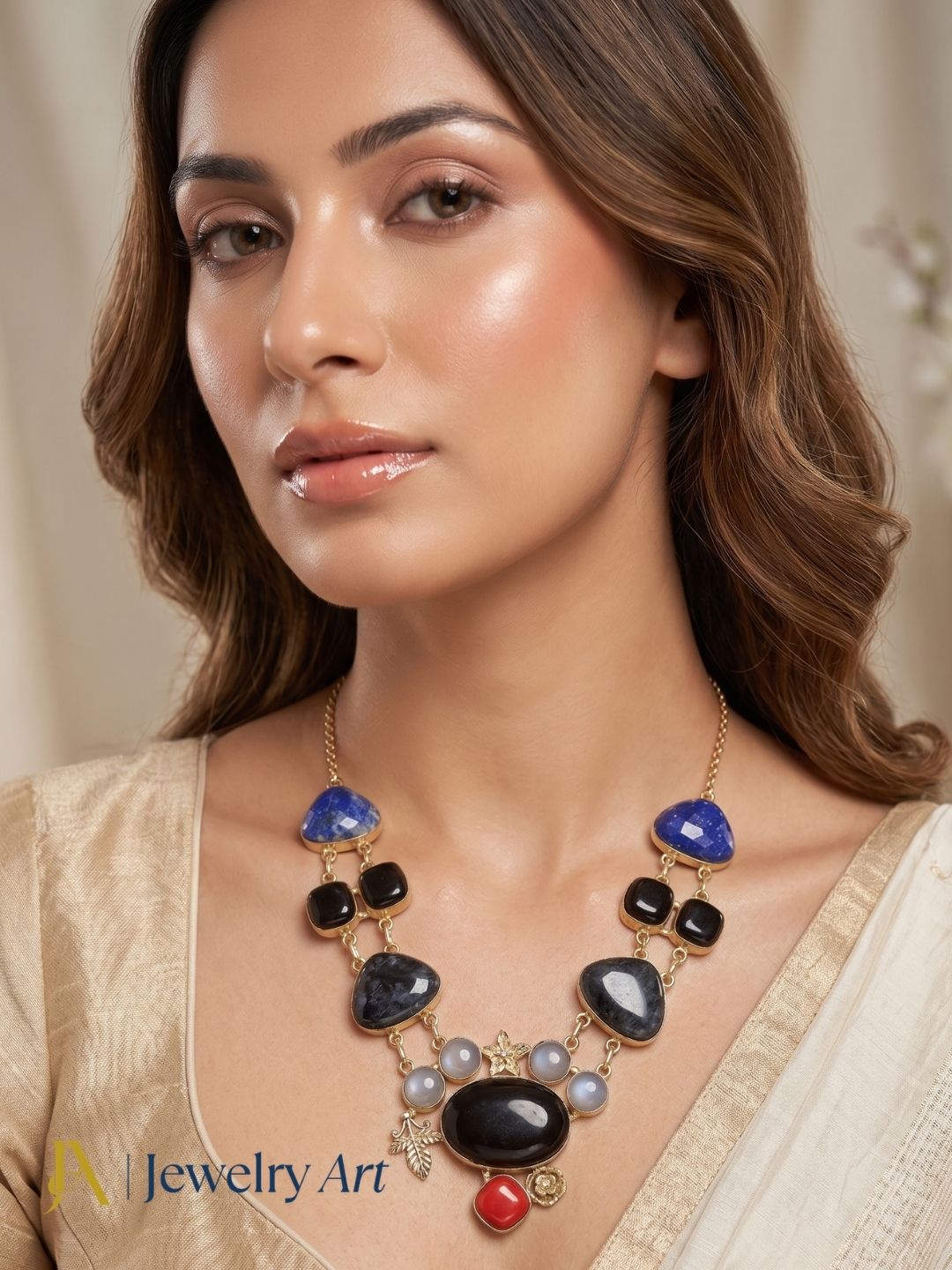 Designer gold plated necklace featuring vibrant semi precious stone craftsmanship
