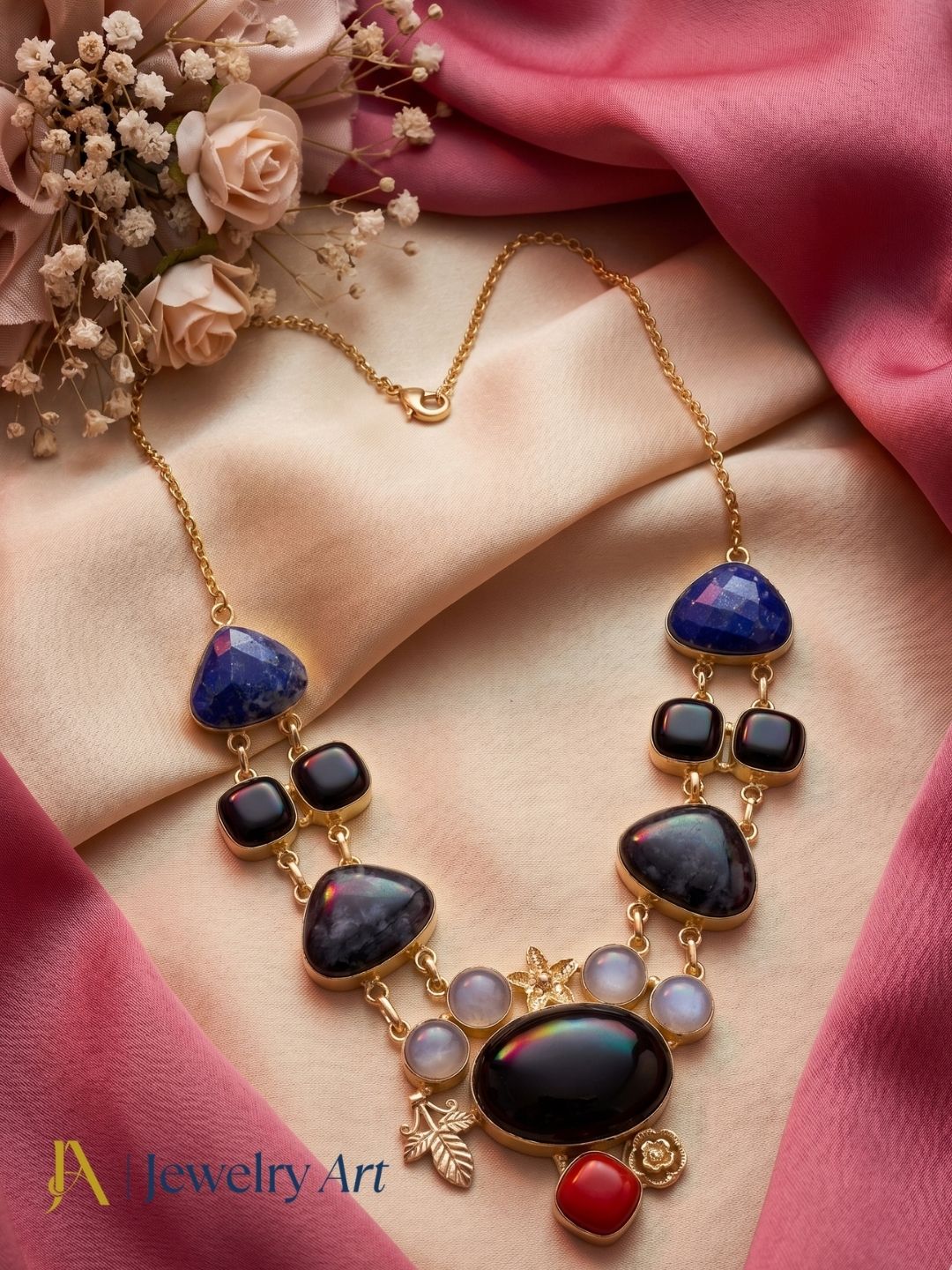 Designer gold plated necklace featuring vibrant semi precious stone craftsmanship
