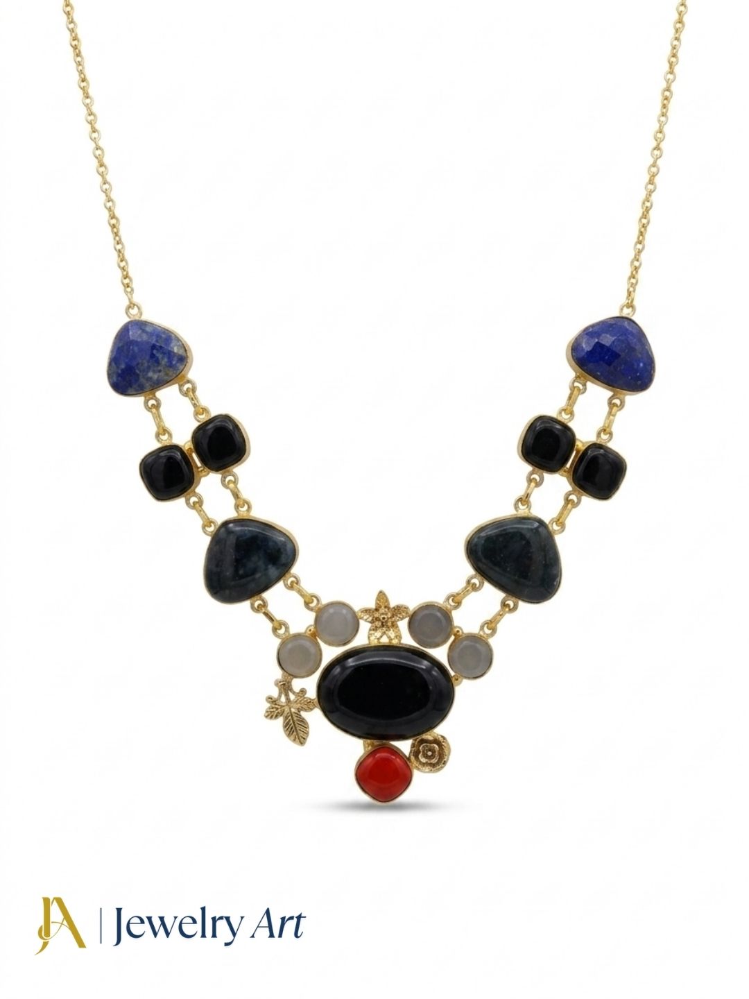 Designer gold plated necklace featuring vibrant semi precious stone craftsmanship
