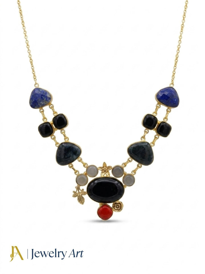 Designer gold plated necklace featuring vibrant semi precious stone craftsmanship
