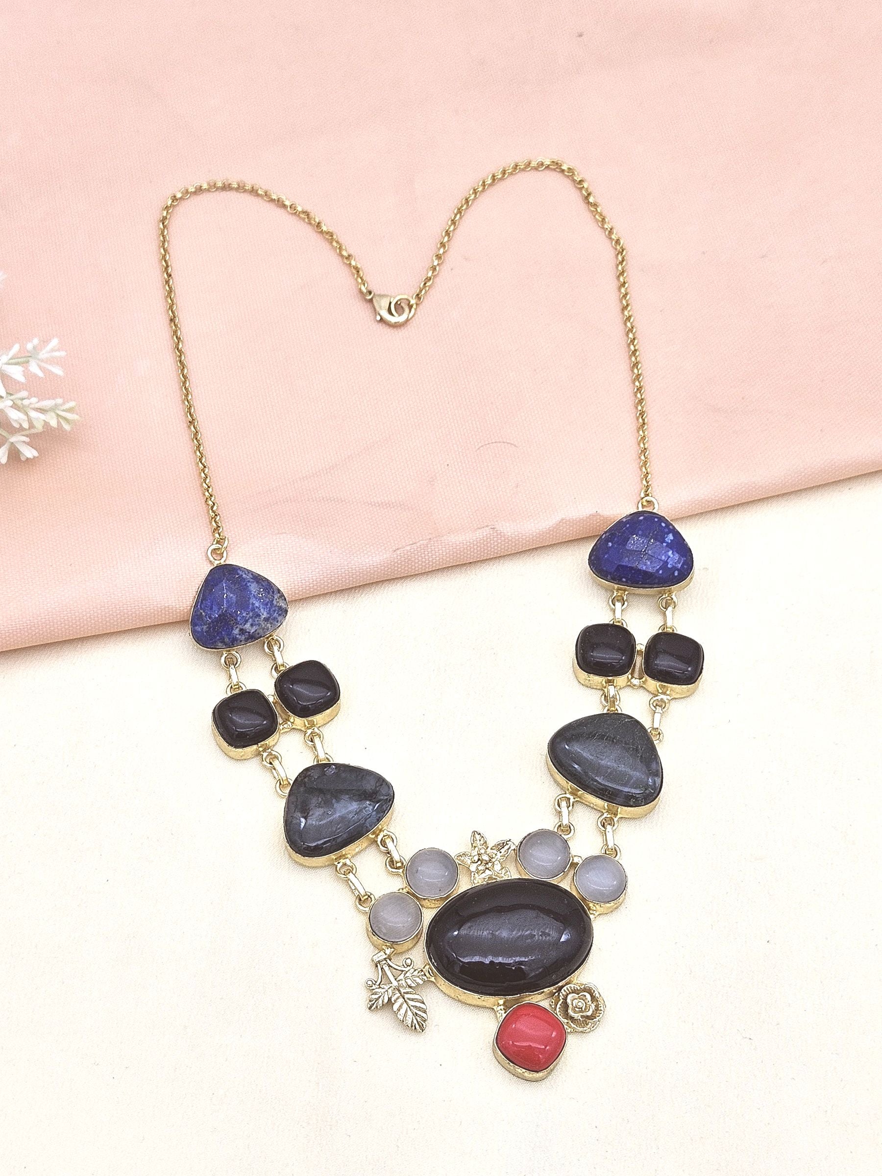 Gorgeous Gold plated Multi Color Semi Precious Stones Light Weight Statement Necklace
